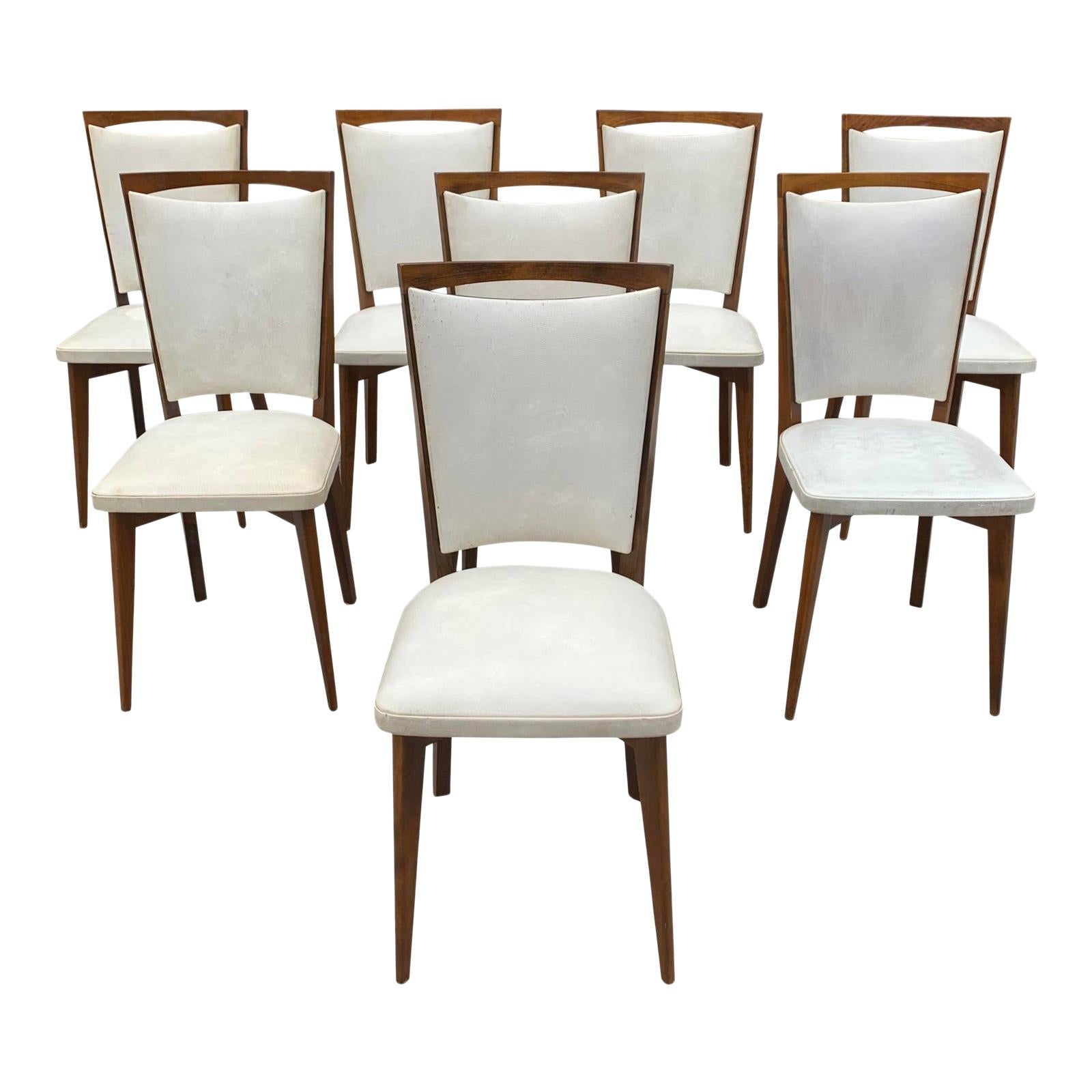 Set of 8 French Vintage Modern Solid Mahogany Dining Chairs, 1940s