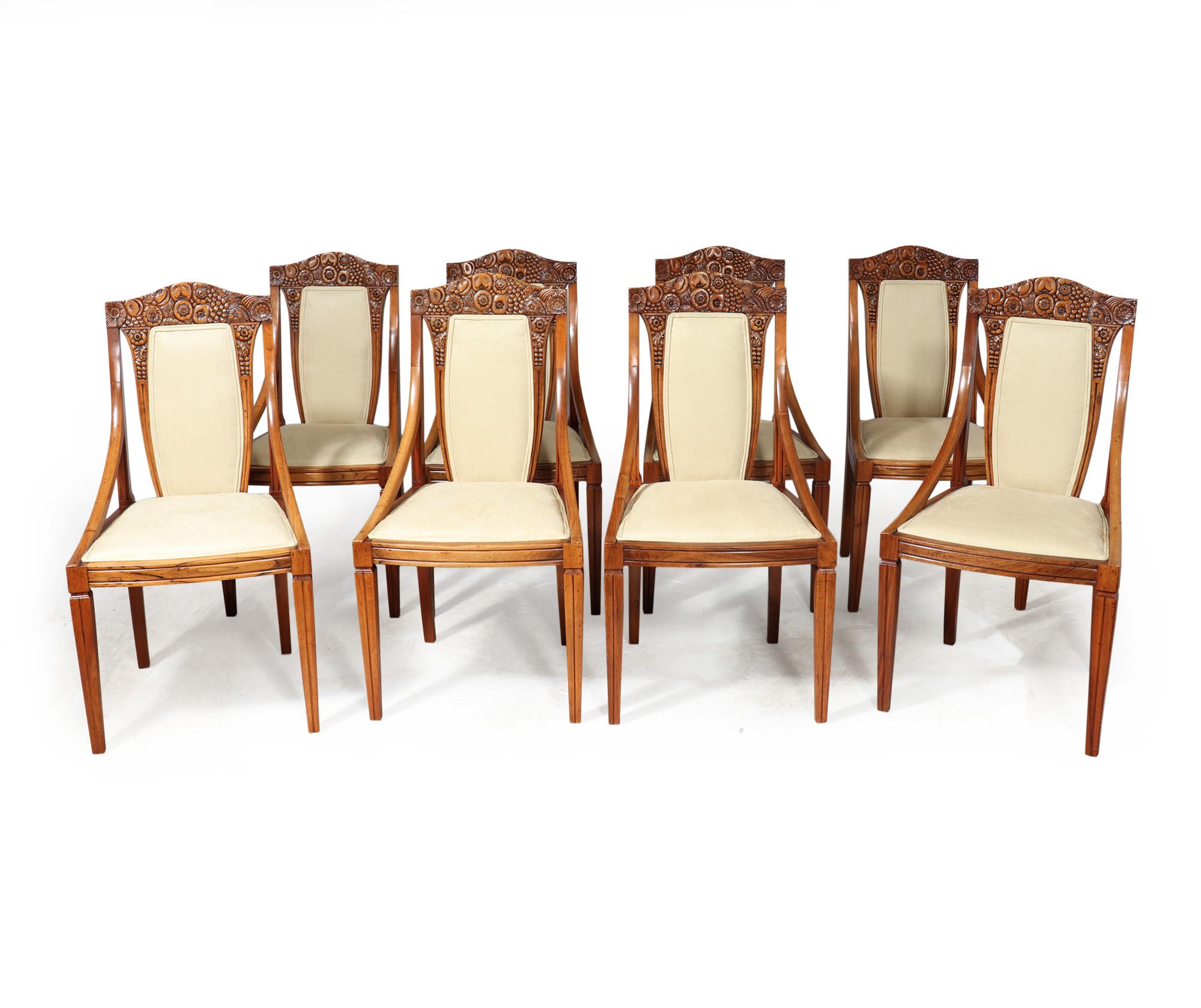 FRENCH ART DECO DINING CHAIRS
A stunning set of eight solid walnut dining chairs lovely quality with floral carved backs in the manner of Paul Follot, these are early Art Deco almost Art Nouveau, having a square tapering leg gently curved front and