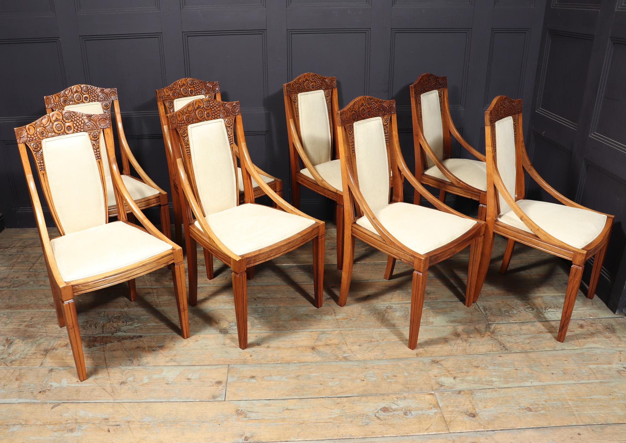 Set of 8 French Walnut Art Deco Dining Chairs In Good Condition For Sale In Paddock Wood Tonbridge, GB