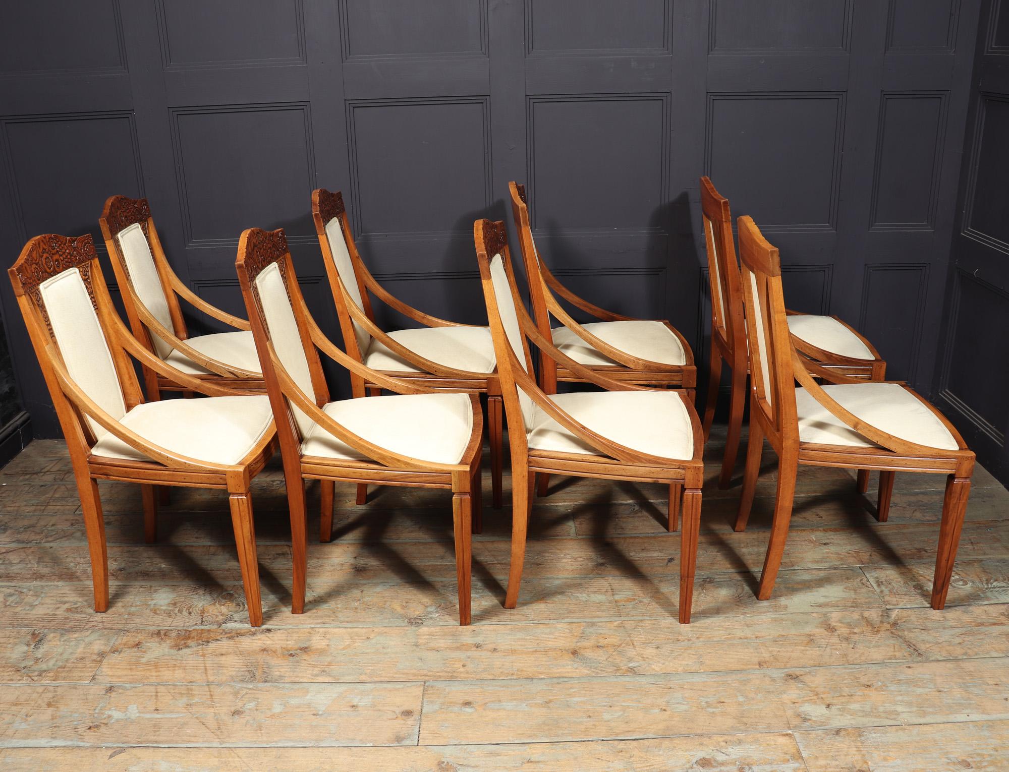 Early 20th Century Set of 8 French Walnut Art Deco Dining Chairs For Sale