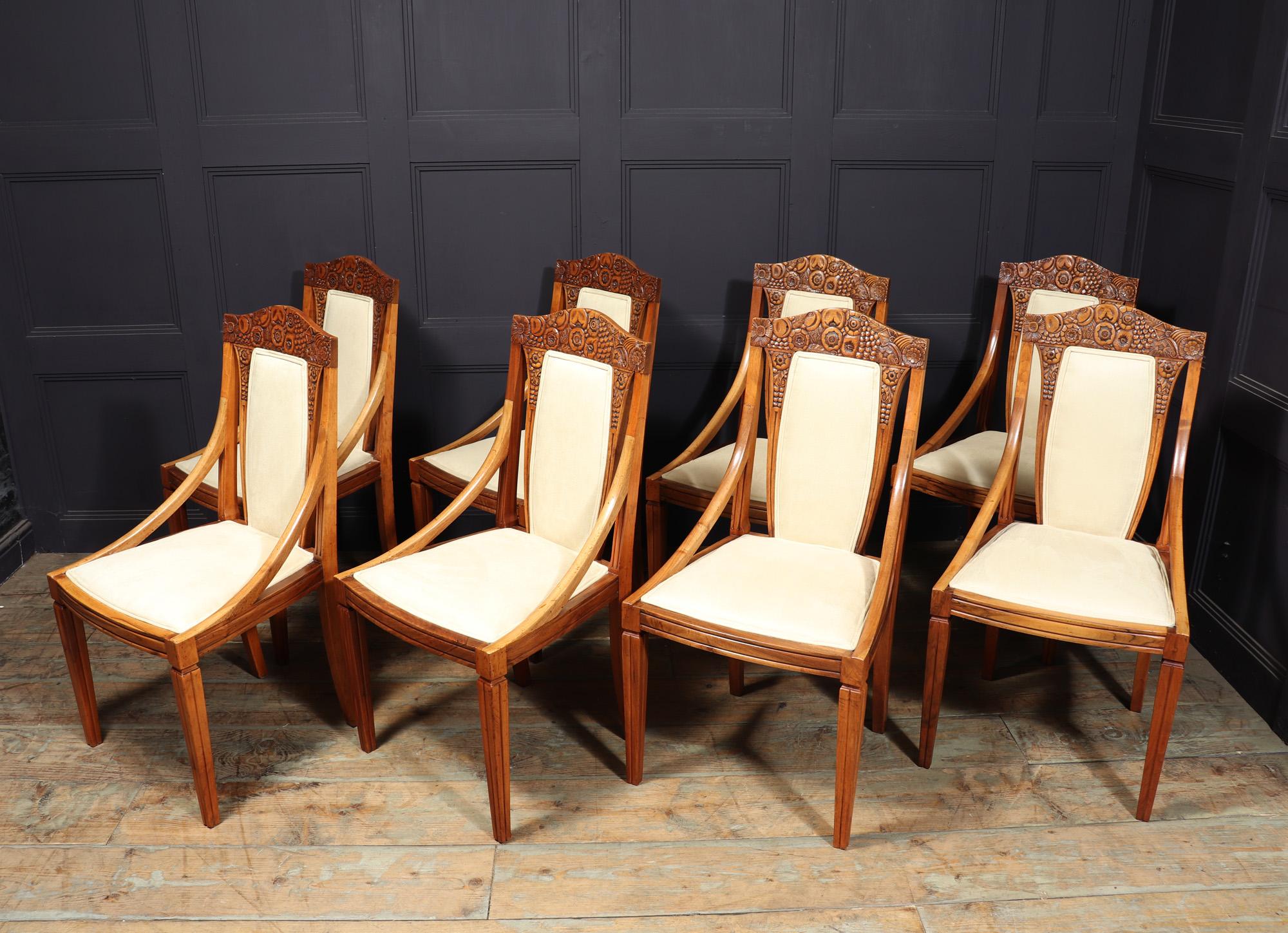 Set of 8 French Walnut Art Deco Dining Chairs For Sale 4