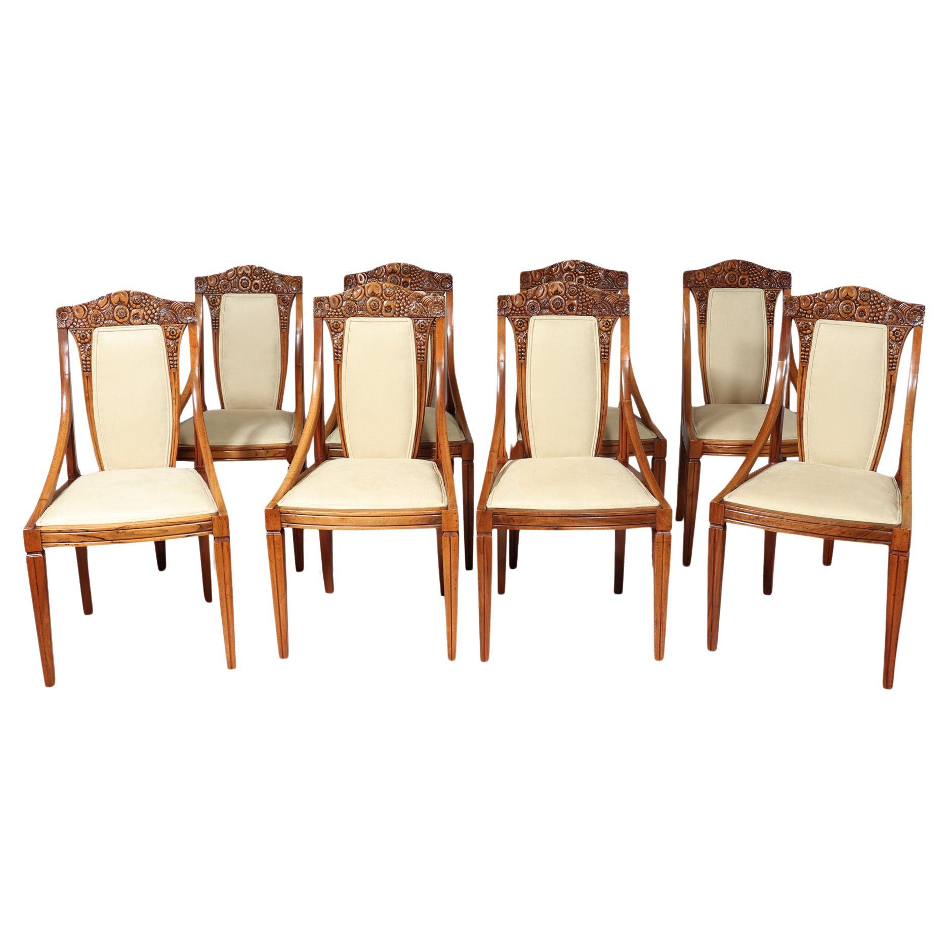 Set of 8 French Walnut Art Deco Dining Chairs For Sale