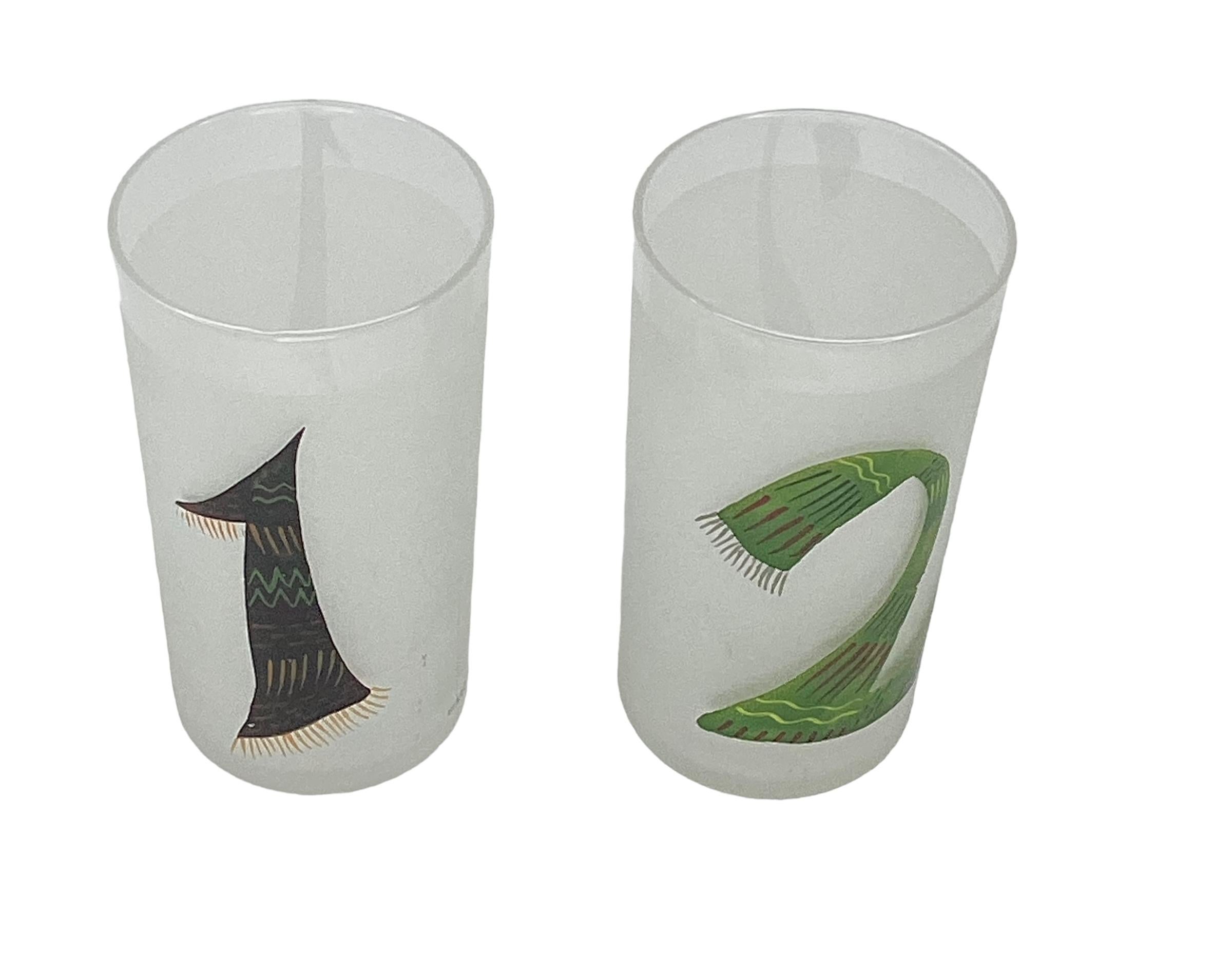 Set of 8 Frosted Vintage Tumblers Numbered 1-8. Each with a frosted background with a different colored scarf forming each number. The number 