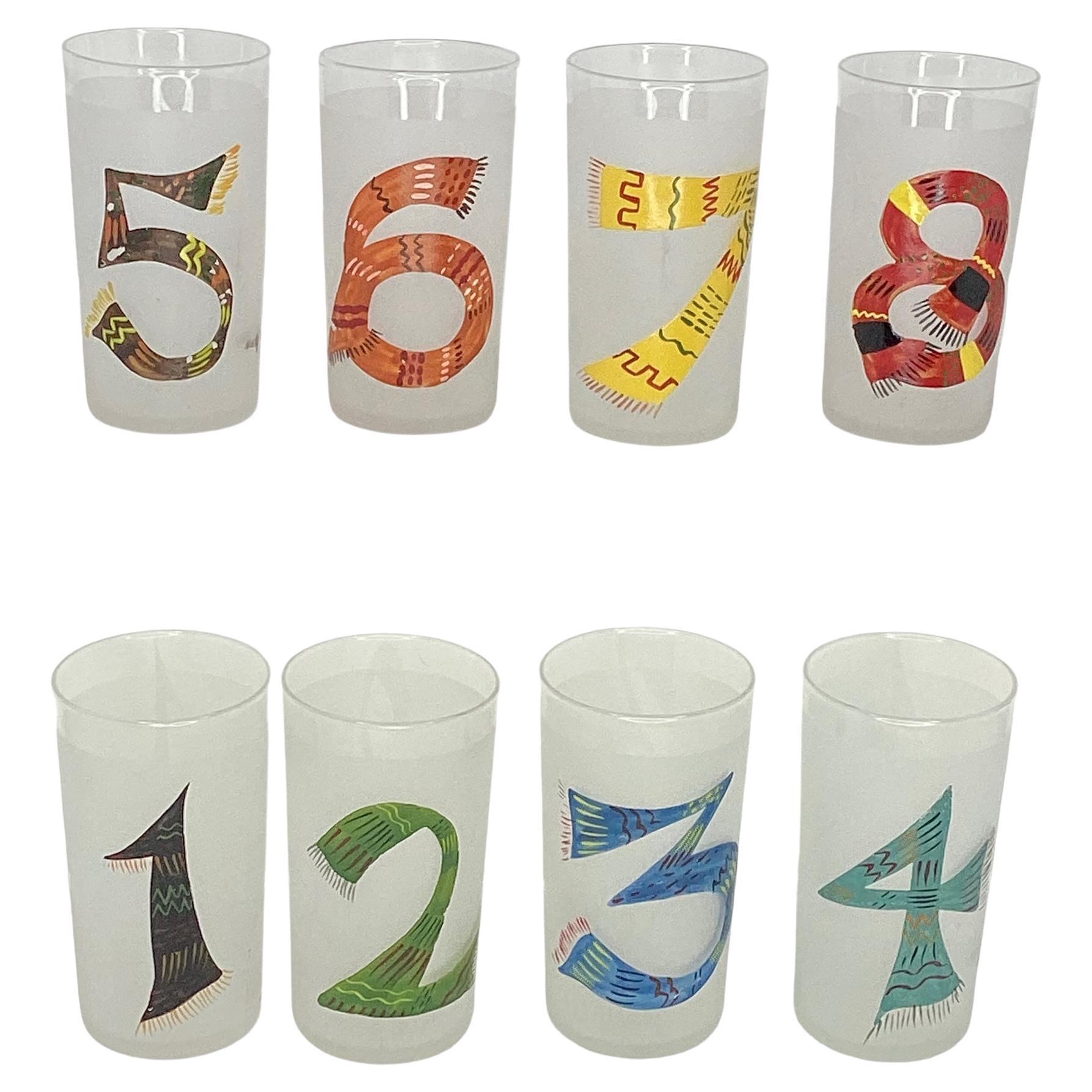 Set of 8 Frosted Vintage Tumblers Numbered 1-8 For Sale