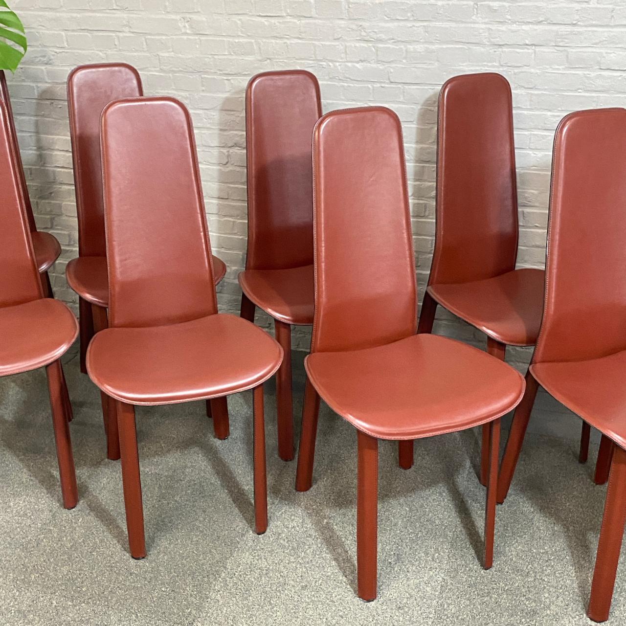 Post-Modern Set of 8 full saddle leather CIDUE ITALIA dining chairs- Italy 1980'S For Sale