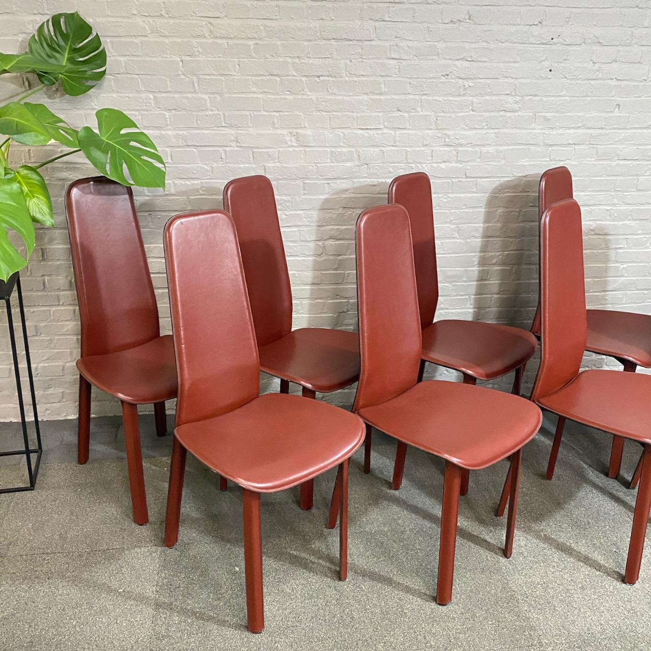 Italian Set of 8 full saddle leather CIDUE ITALIA dining chairs- Italy 1980'S For Sale