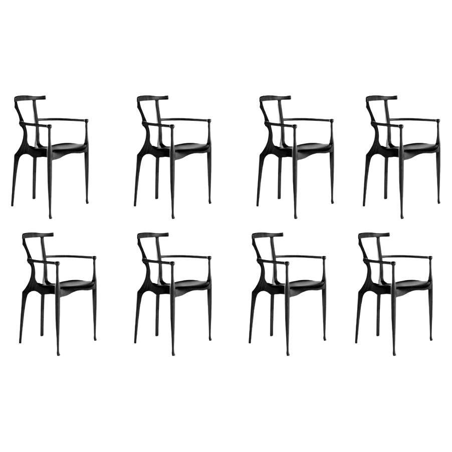 Set of 8 Gaulino Armchairs Dining Chairs Lacquered Black Ash Wood Hide Seat  For Sale