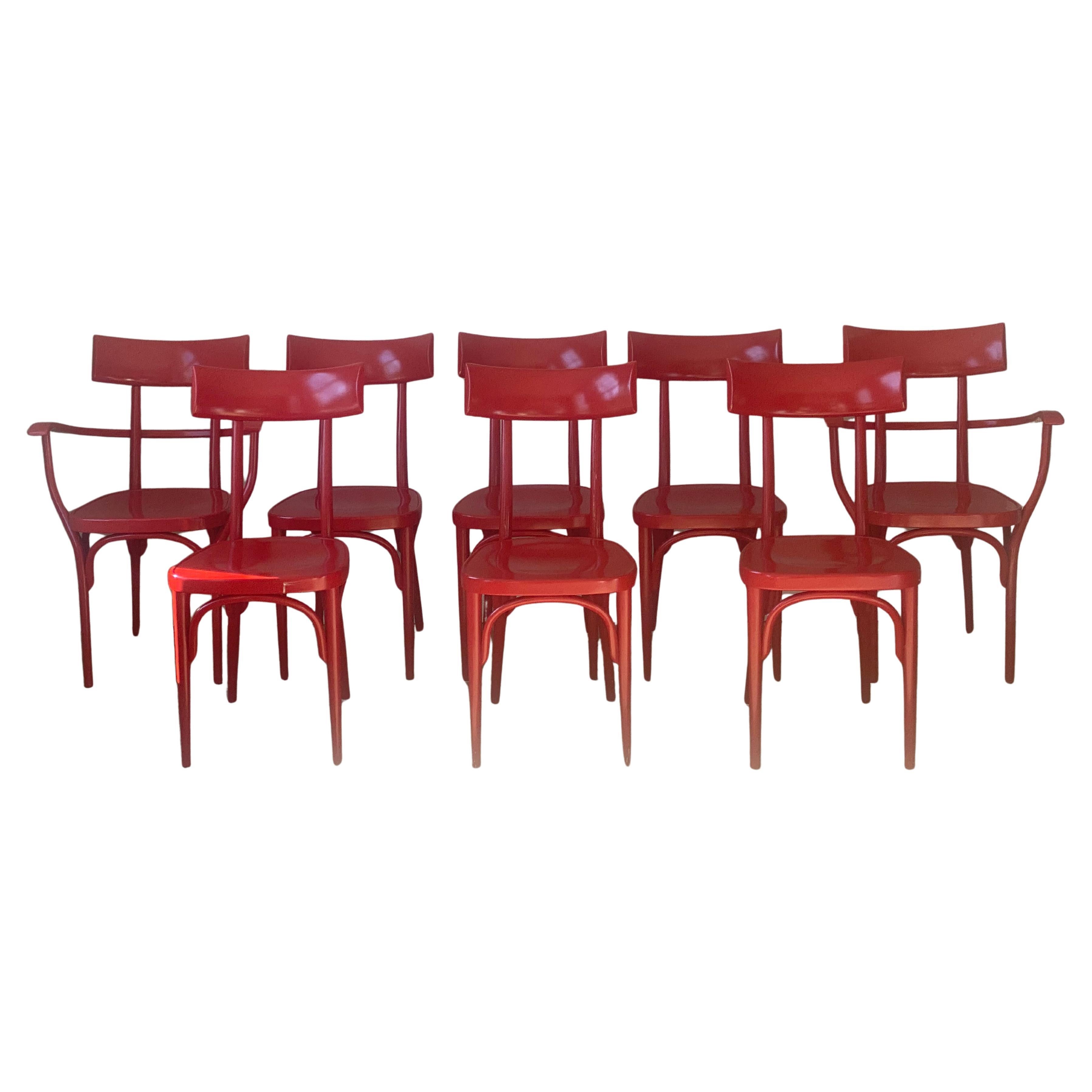 Set of 8 Gebruder Thonet Vienna Dining Chairs In Flame Red im Angebot