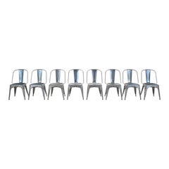 Vintage Set of (8) Genuine French Tolix AC Wide Style Chairs in Raw Welded Grey Blue
