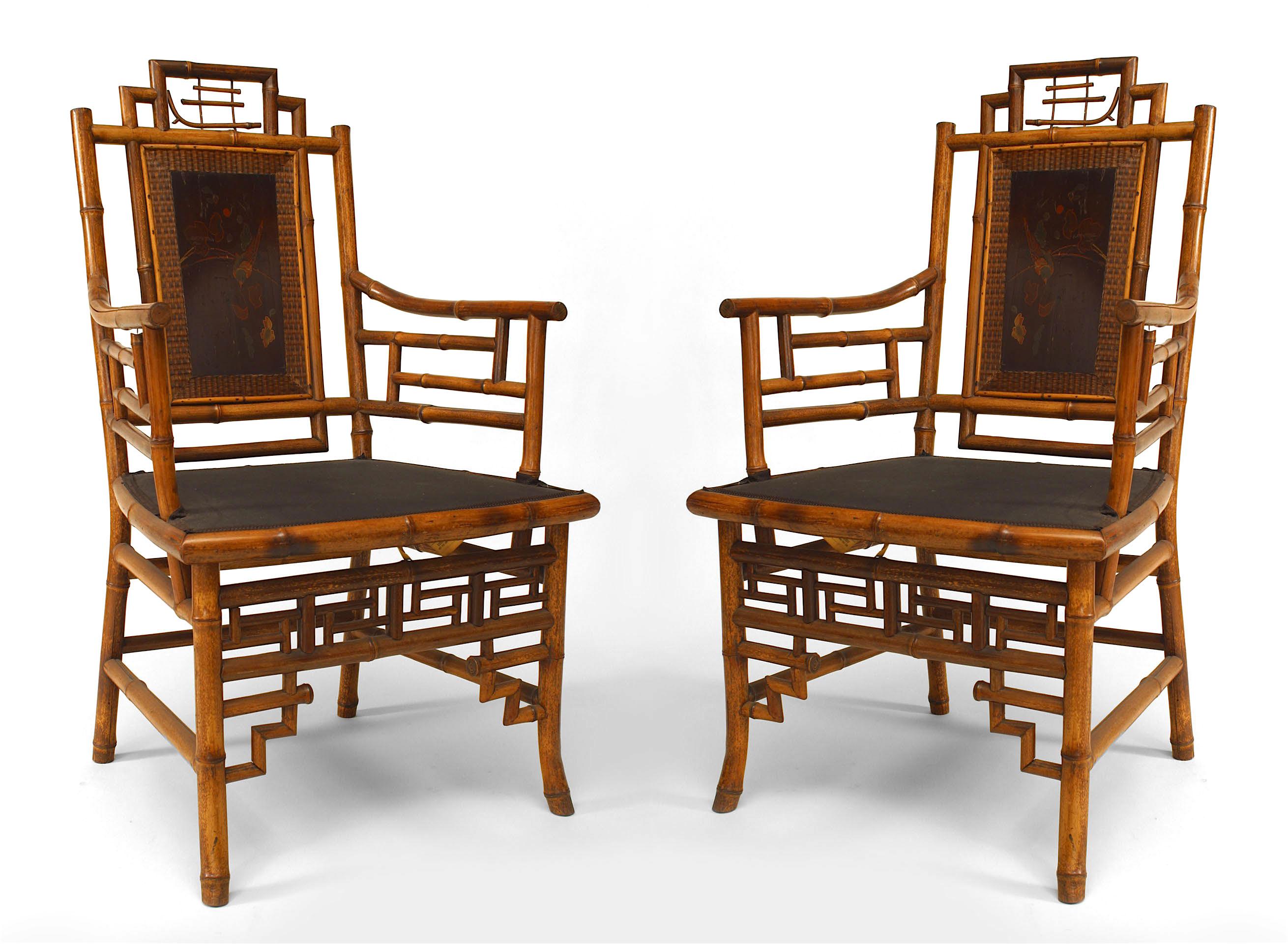 Set of 8 bamboo (English Victorian) chairs with black lacquered back panel and upholstered seat (2 arm chairs: 24¬Ω