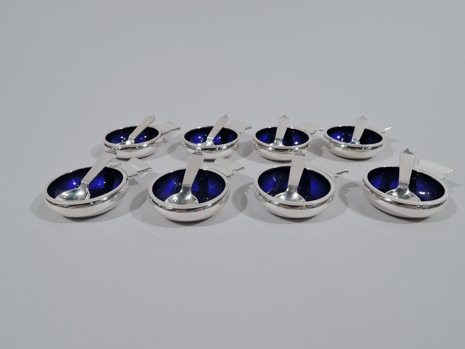 Art Deco Set of 8 Georg Jensen Pyramid Sterling Silver and Enamel Open Salts and Spoons