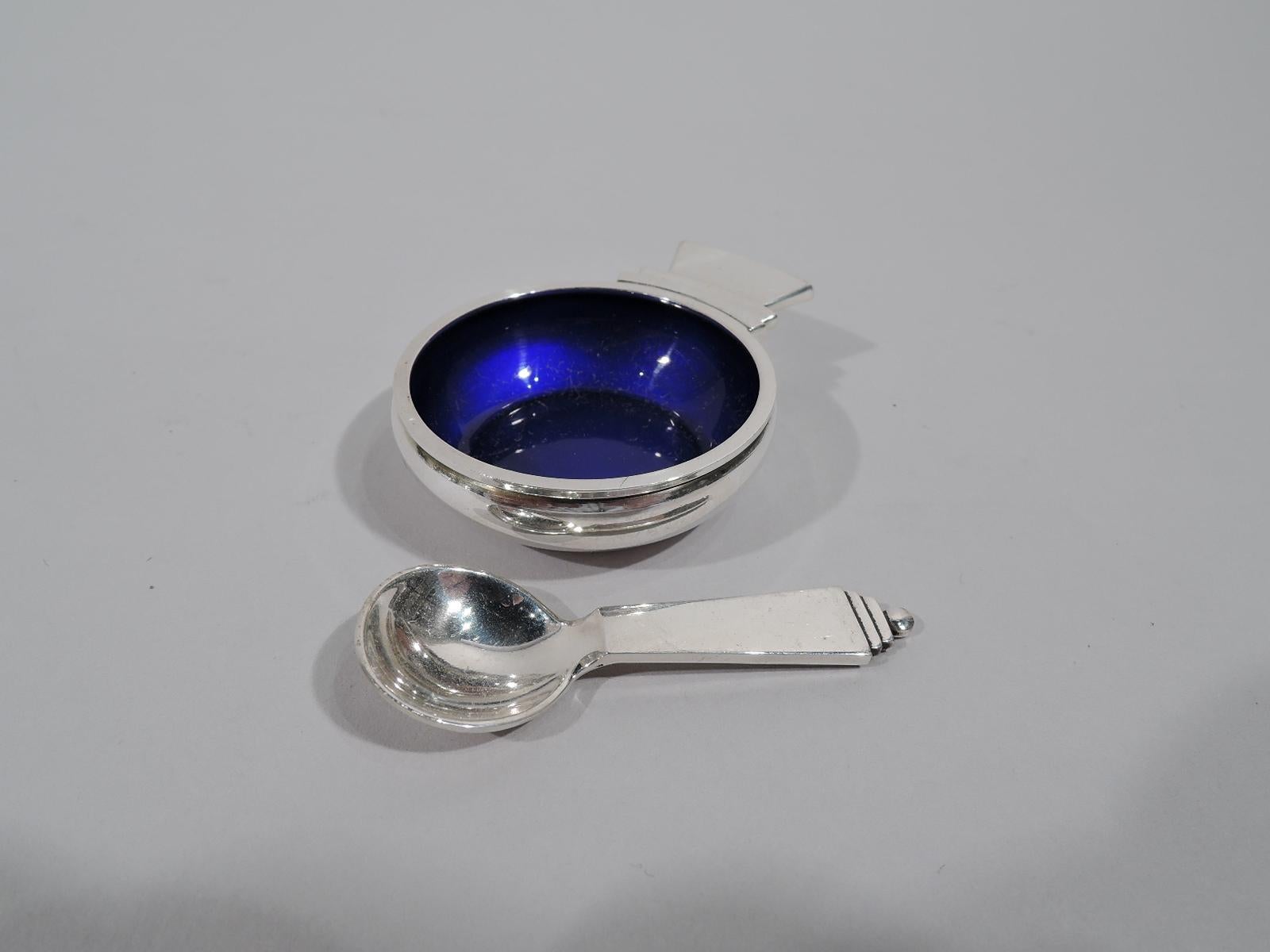 Danish Set of 8 Georg Jensen Pyramid Sterling Silver and Enamel Open Salts and Spoons