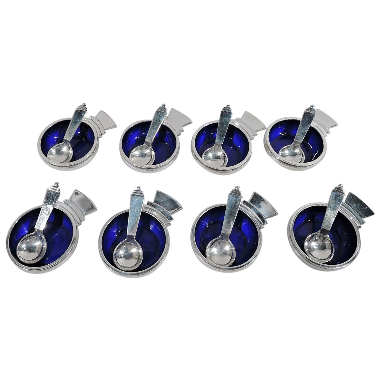 Set of 8 Georg Jensen Pyramid Sterling Silver and Enamel Open Salts and Spoons