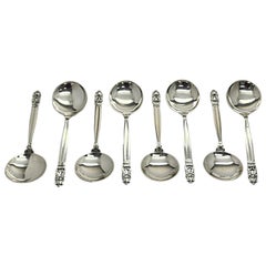 Set of 8 Georg Jensen & Wendel Denmark Acorn SS Soup Spoons #15033