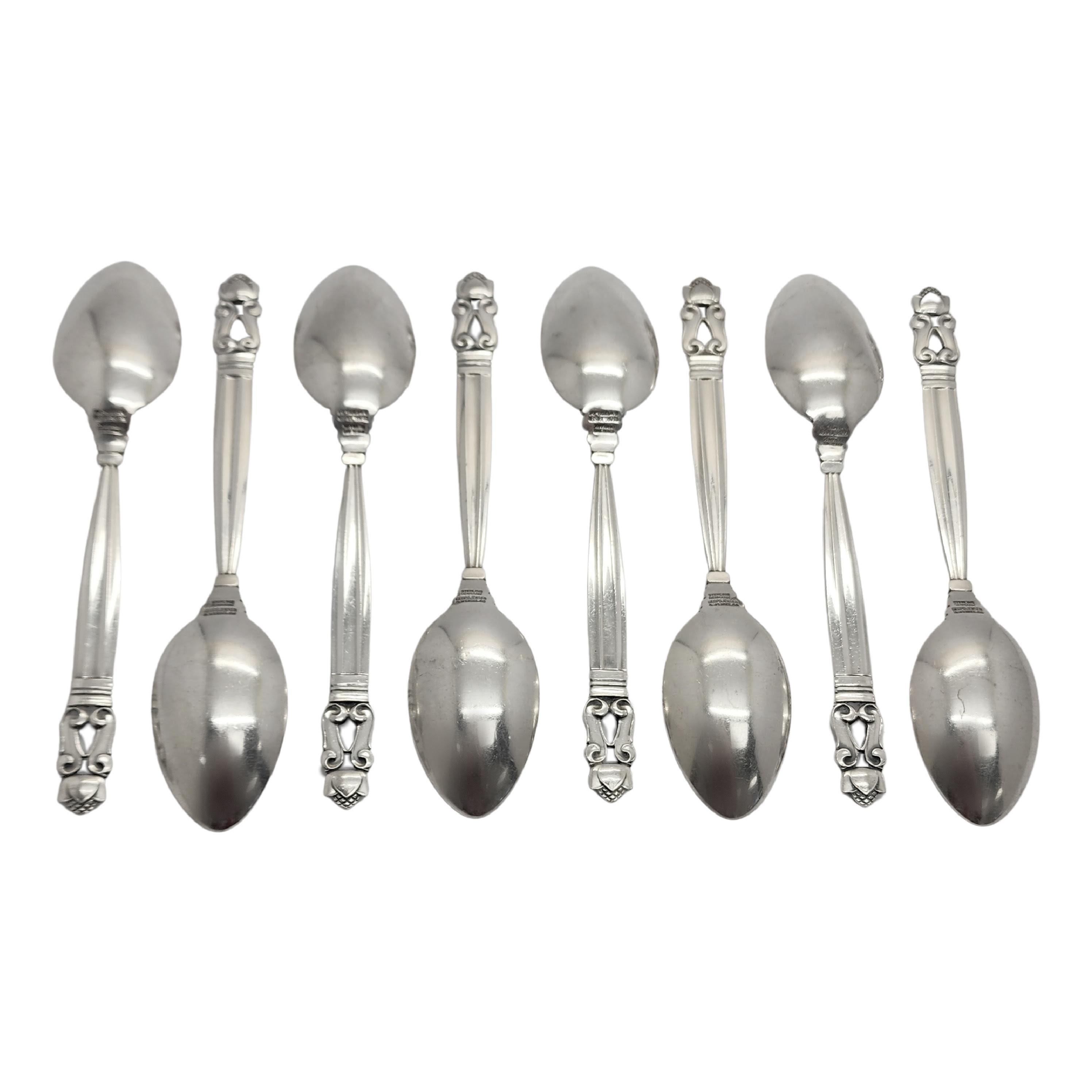 Set of 8 sterling silver teaspoons in the Acorn pattern by Georg Jensen.

The Acorn pattern was introduced in 1915 as a collaboration between Georg Jensen and designer Johan Ronde. The Acorn pattern, which combines Art Nouveau and Art Deco styles,