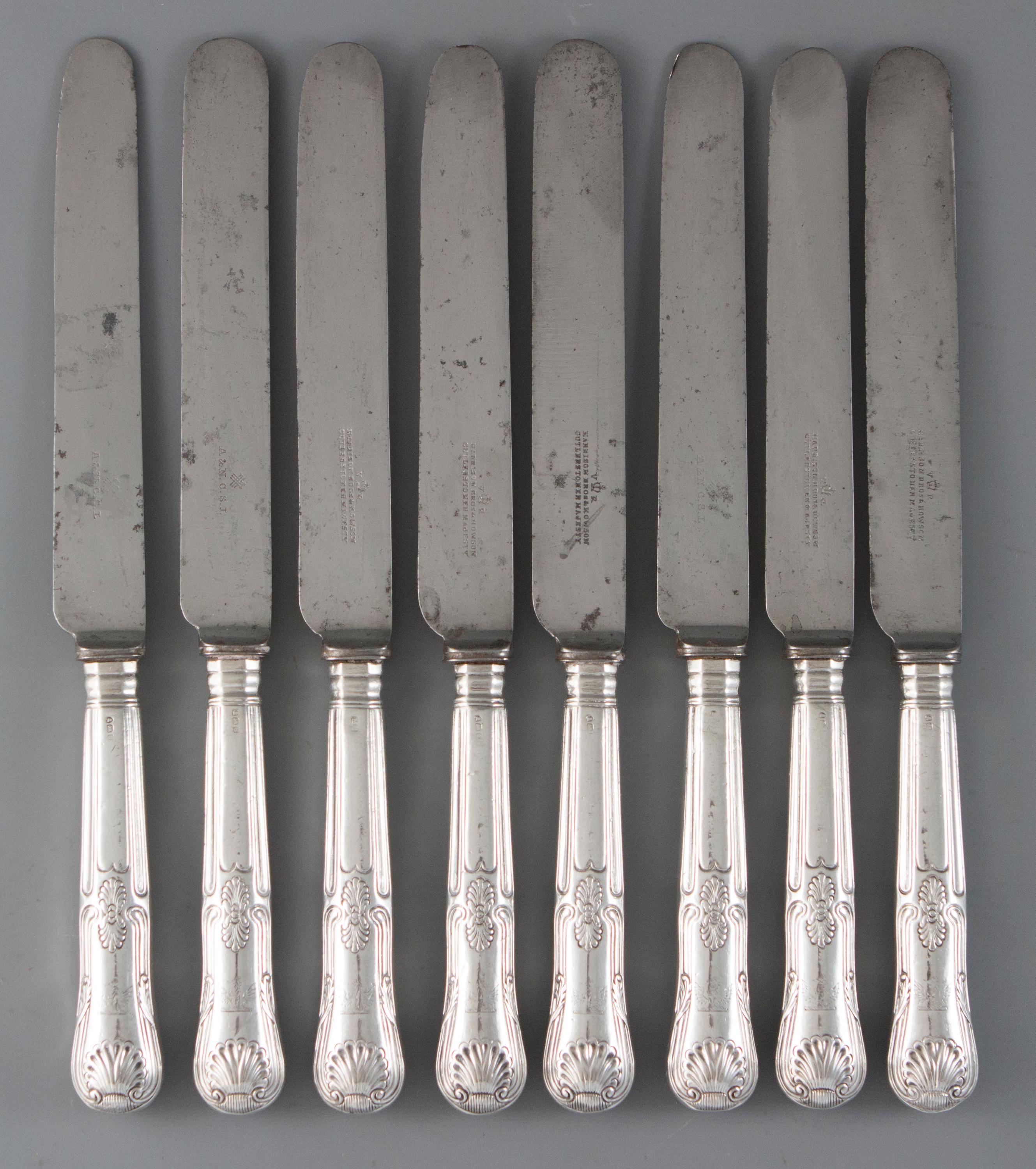 A set of 8 George III Kings pattern table knives, London 1813 by Moses Brent

A set of 8 George III Kings pattern table knives, with the original blades and engraved to the handle with a crest of a dragon.

The handles are hallmarked for London 1813