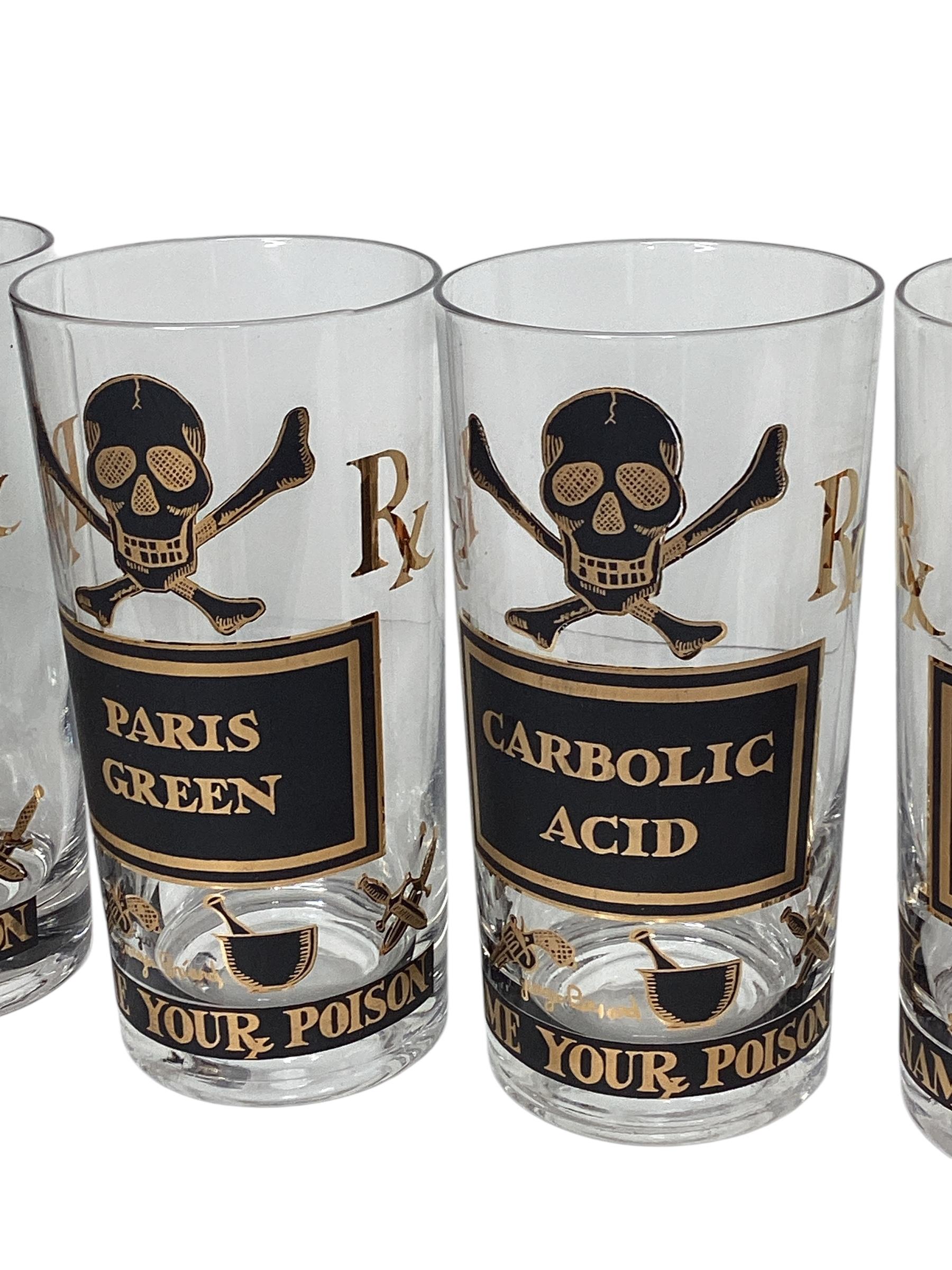 Set von 8 Georges Briard 22-karätigem Gold-Highballgläsern „Name Your Poison“ (Mitte des 20. Jahrhunderts) im Angebot