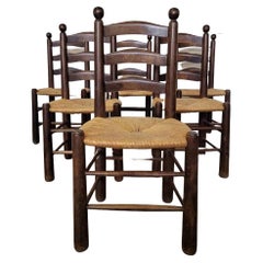 Set of 6 Georges Robert 1950 Oak Chairs and Straw Seats