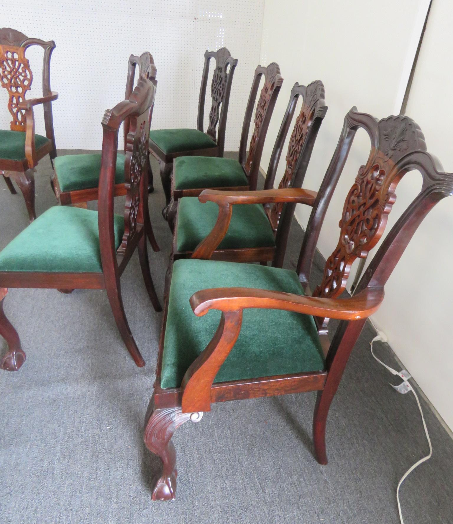 Set of 8 Finely Carved Solid Mahogany Georgian Style Dining Chairs C1920s For Sale 1