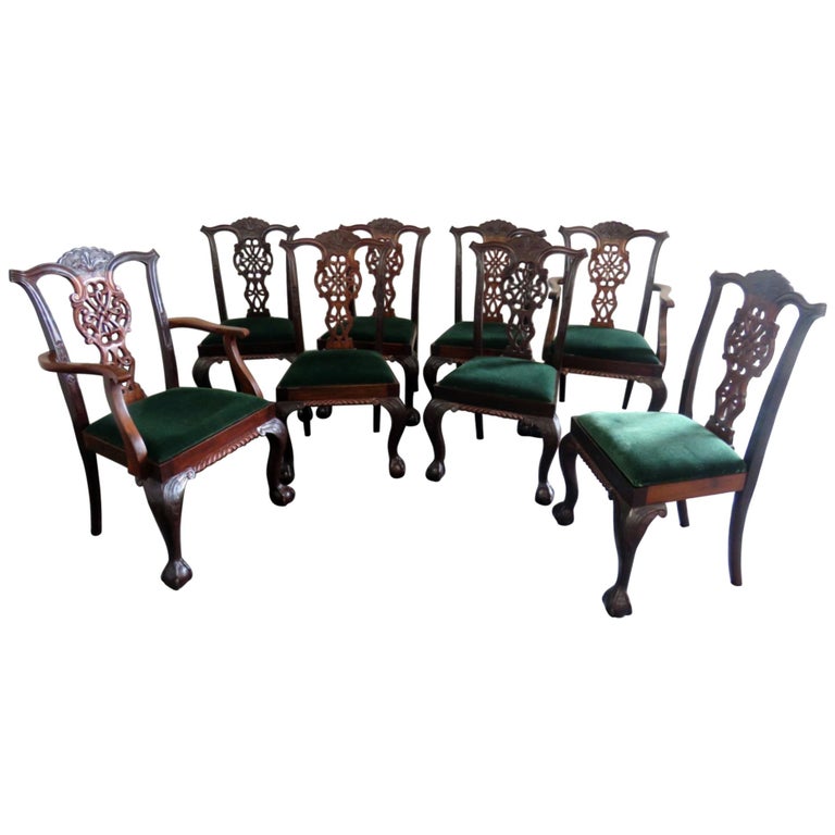Set of 8 Finely Carved Solid Mahogany Style Dining Chairs C1920s For Sale at 1stDibs