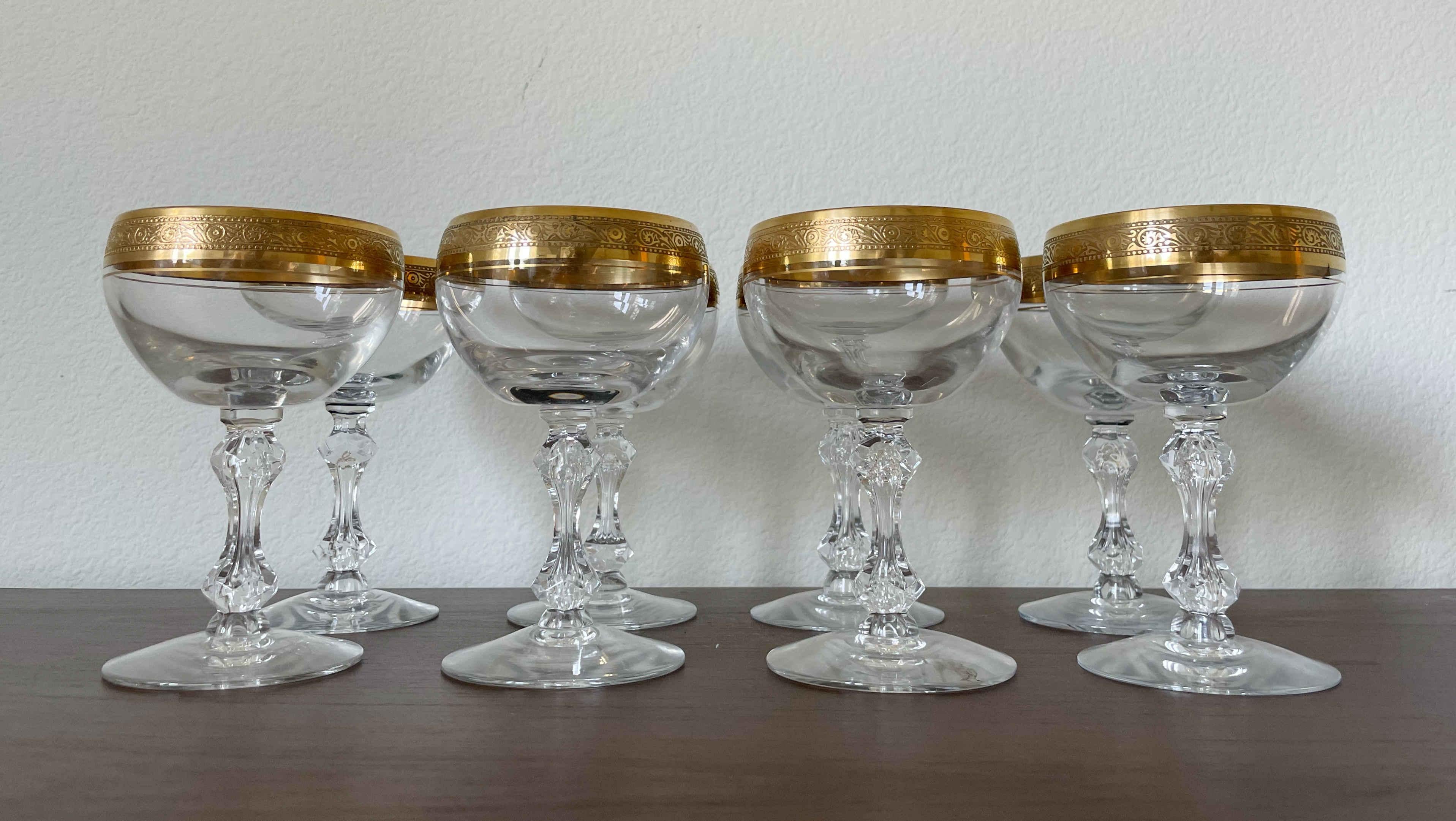 Set of 8 Gilt Crystal Wine Glasses In Good Condition For Sale In Los Angeles, CA
