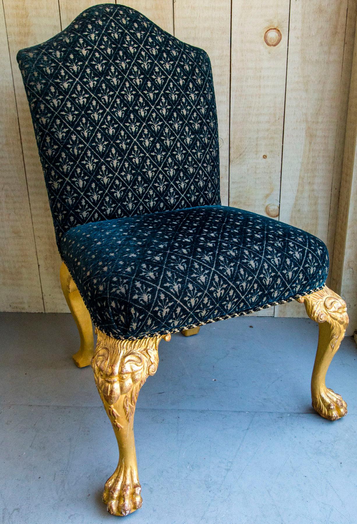 Comprising 2 armchairs and 6 side chairs. Arms end in eagle heads. The knees carved with face masks and 4 toed paw feet.
Recently fully reupholstered.