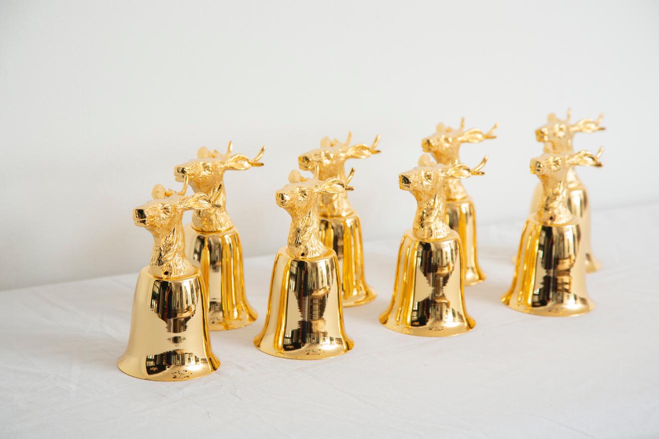 Mid-Century Modern Set of 8 Gold Plated Stirrup Cups Goblets with Animal Heads, Stags For Sale