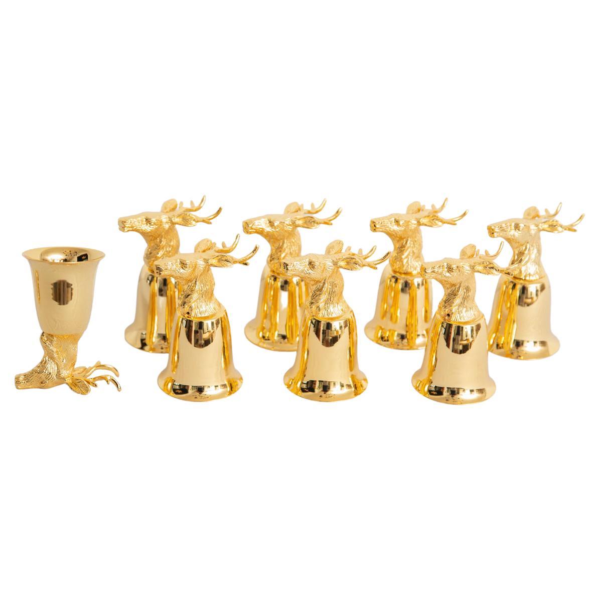 Set of 8 Gold Plated Stirrup Cups Goblets with Animal Heads, Stags