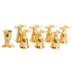 Antique Set of 8 Gold Plated Stirrup Cups Goblets with Animal Heads, Stags