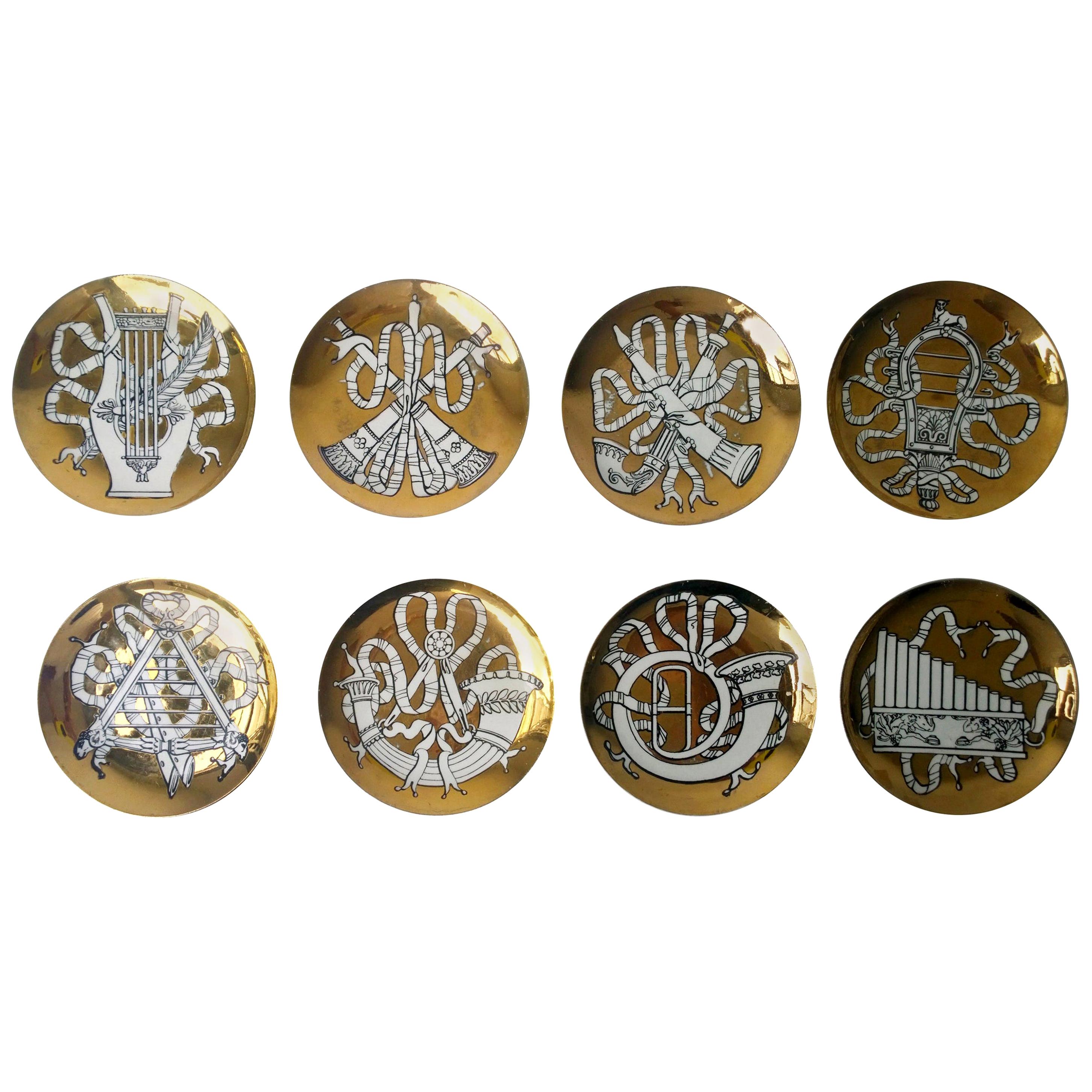 Set of 8 Gold, White & Black Fornasetti "Musicalia" Cocktail Porcelain Coasters For Sale