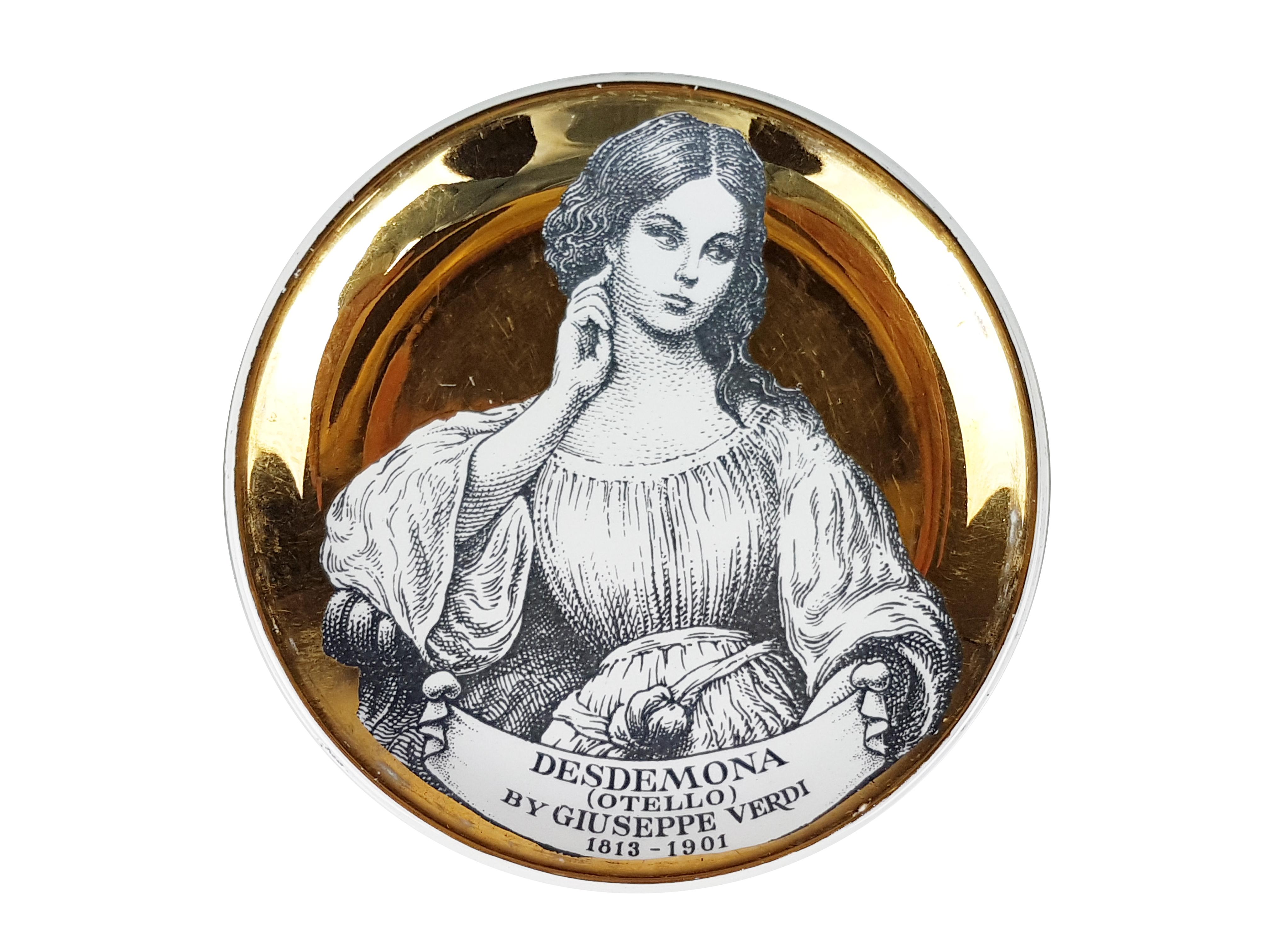 Italian Set of 8 Golden & White Ceramic Small Coaster, Fornasetti Melodramma Series