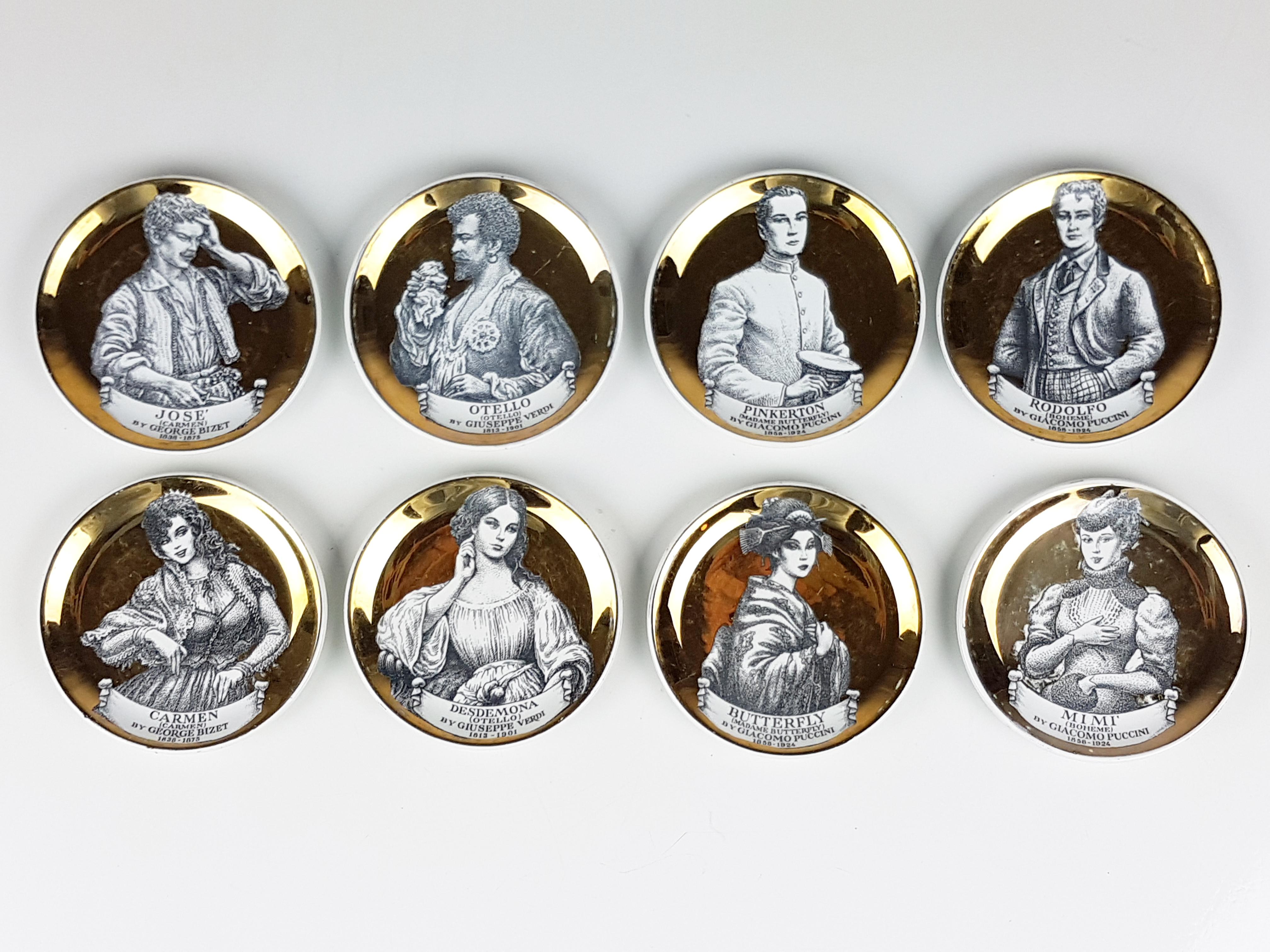 Mid-20th Century Set of 8 Golden & White Ceramic Small Coaster, Fornasetti Melodramma Series