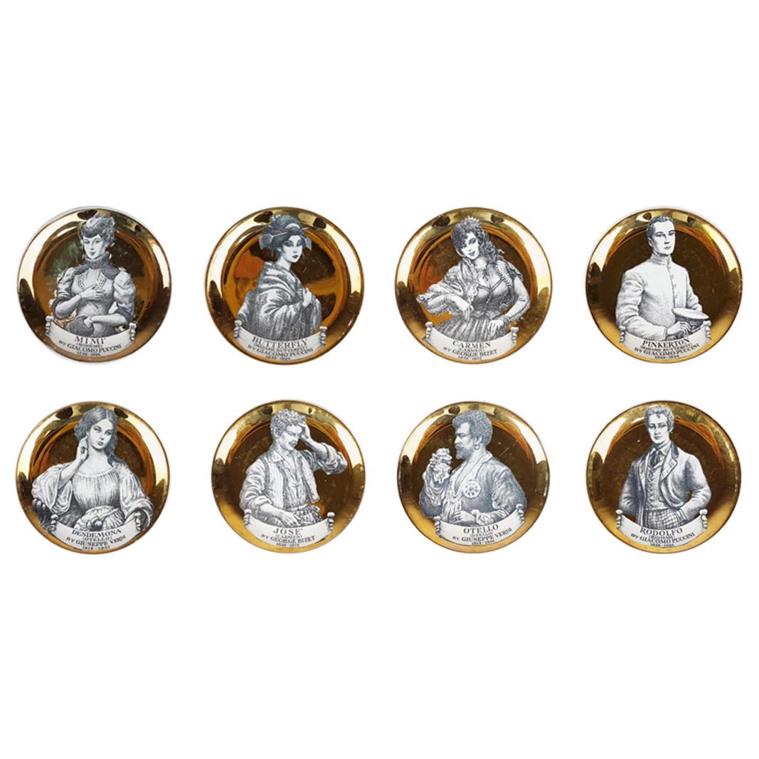 Set of 8 Golden & White Ceramic Small Coaster, Fornasetti Melodramma Series