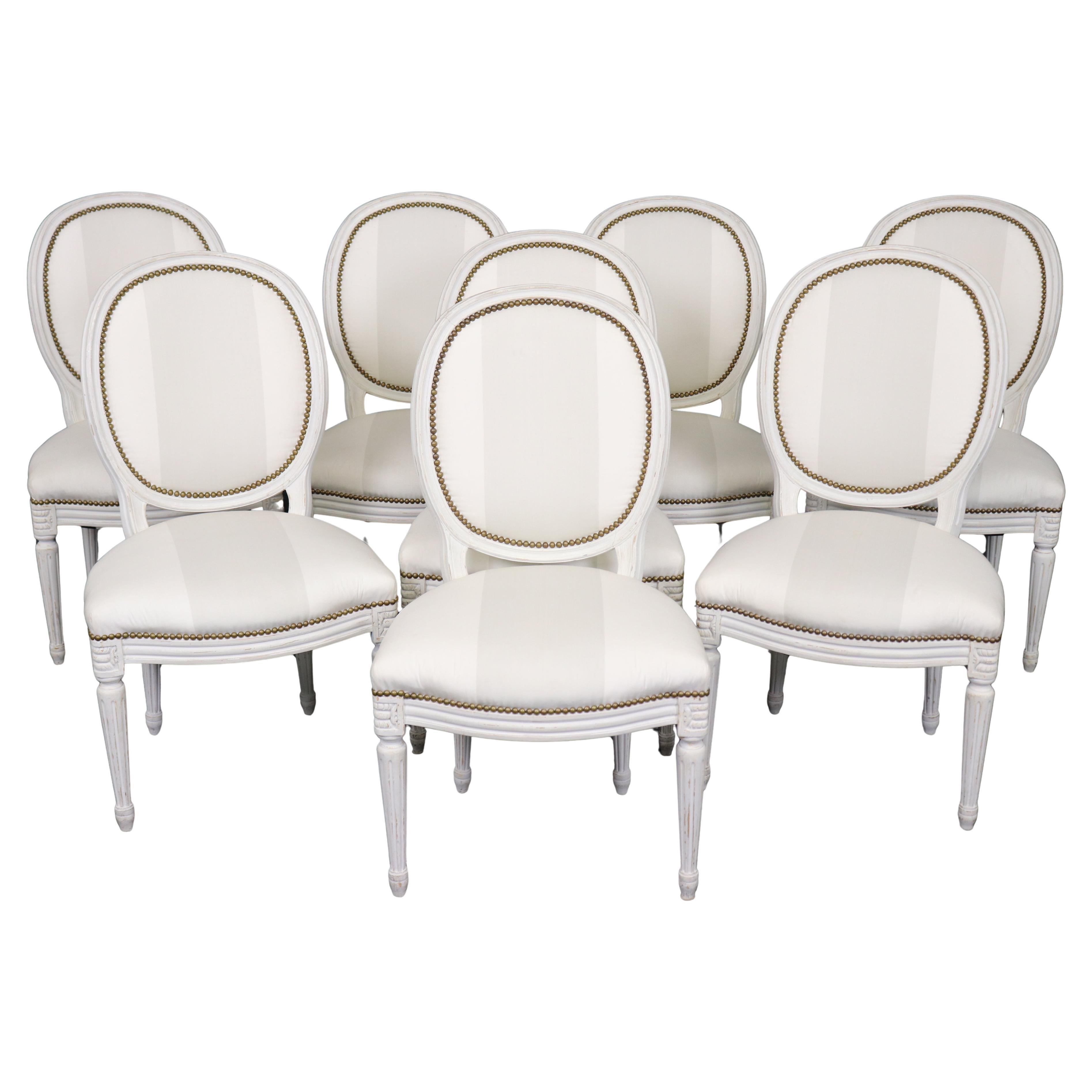 Set of 8 Gorgeous Maison Jansen Style Louis XVI White Painted Dining Chairs
