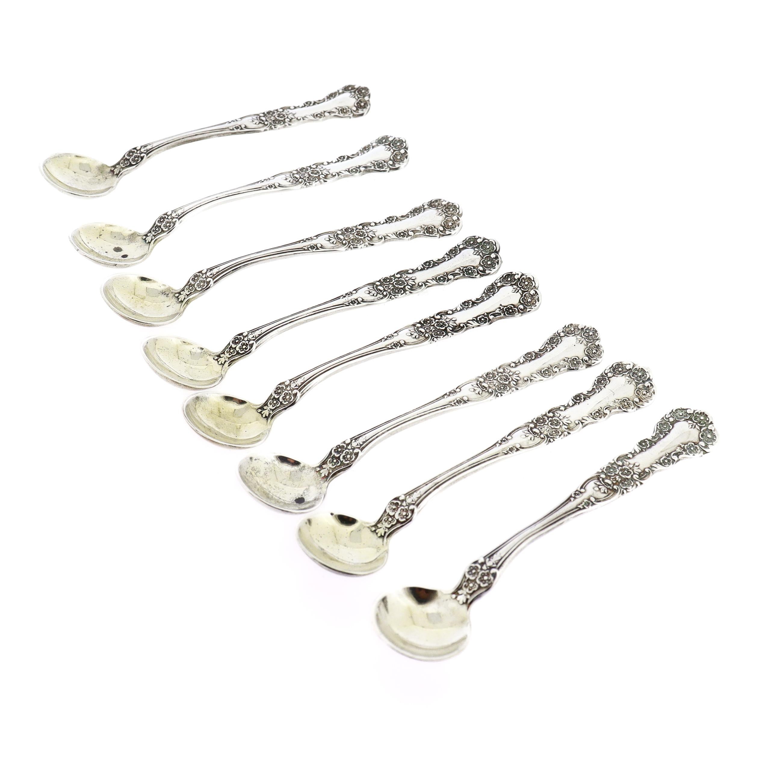 A fine set of 8 individual silver salt spoons.

By Gorham.

In sterling silver with gold-washed bowls.

Each marked to the reverse.

Simply a wonderful set of Buttercup salt dips!

Date: 
20th Century

Overall Condition:
They are in overall good,