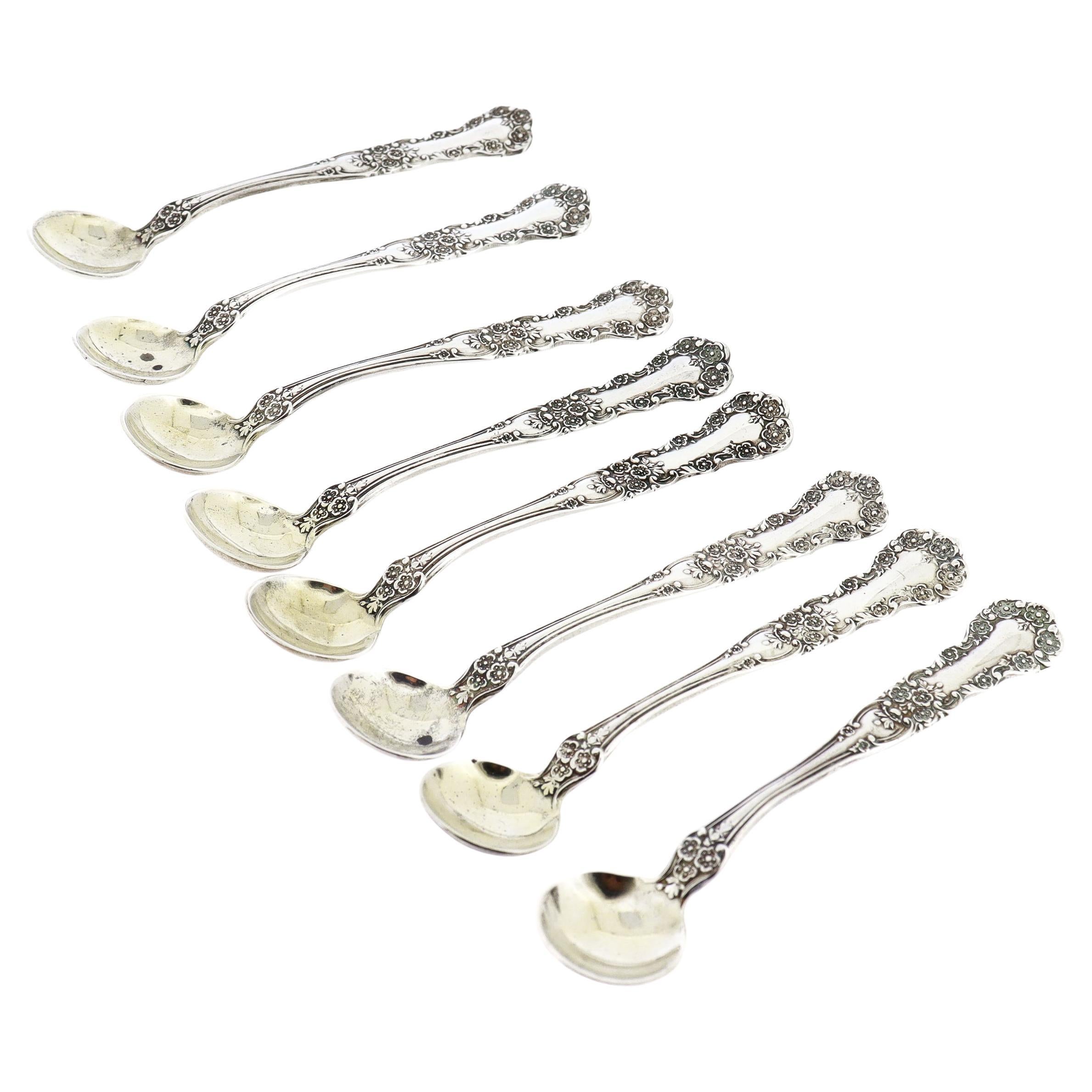Set of 8 Gorham Buttercup Individual Sterling Silver Salt Spoons with Gilt Bowls For Sale