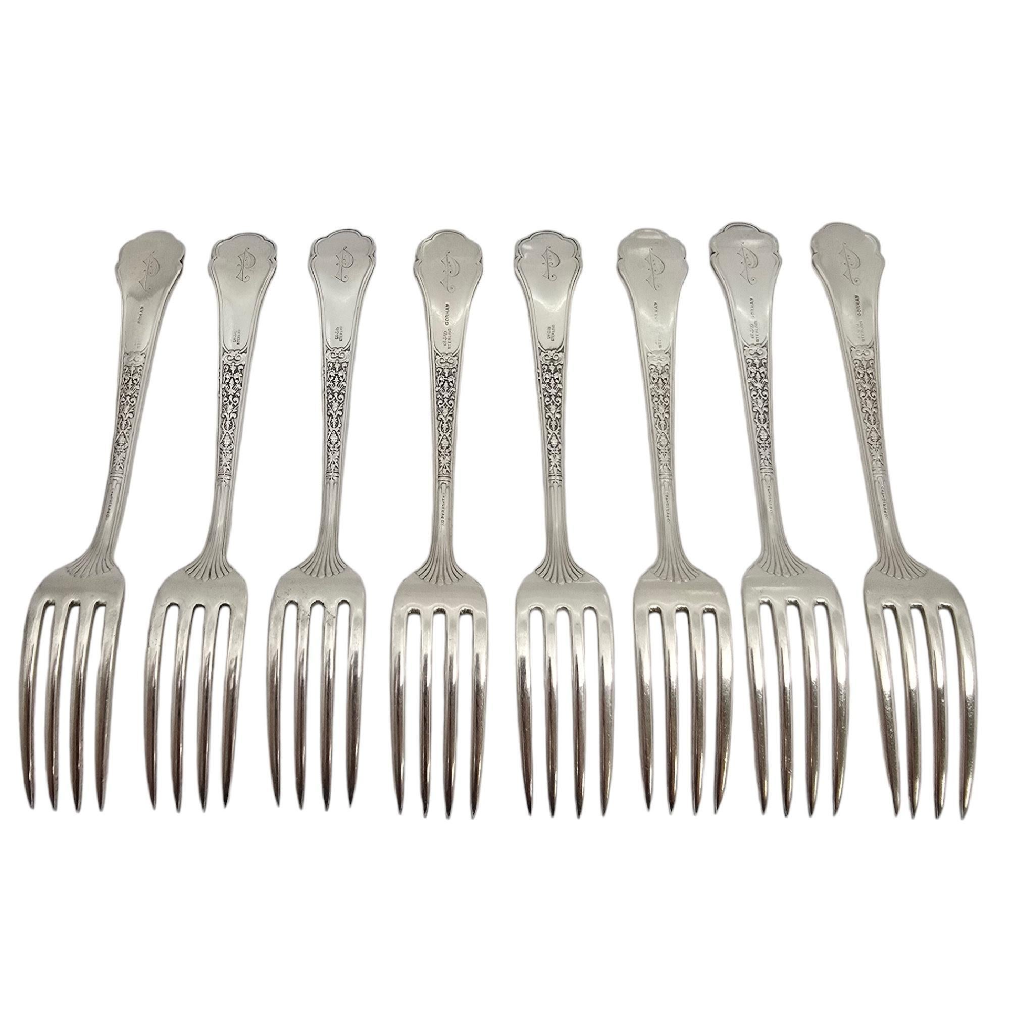 Set di 8 forchette antiche in argento sterling di Gorham nel modello Medici Old.

Il monogramma sembra essere P & A

Medici Old di Gorham è un motivo a più motivi disegnato nel 1880. Chiamato così per l'epoca di Lorenzo de Medici, il disegno