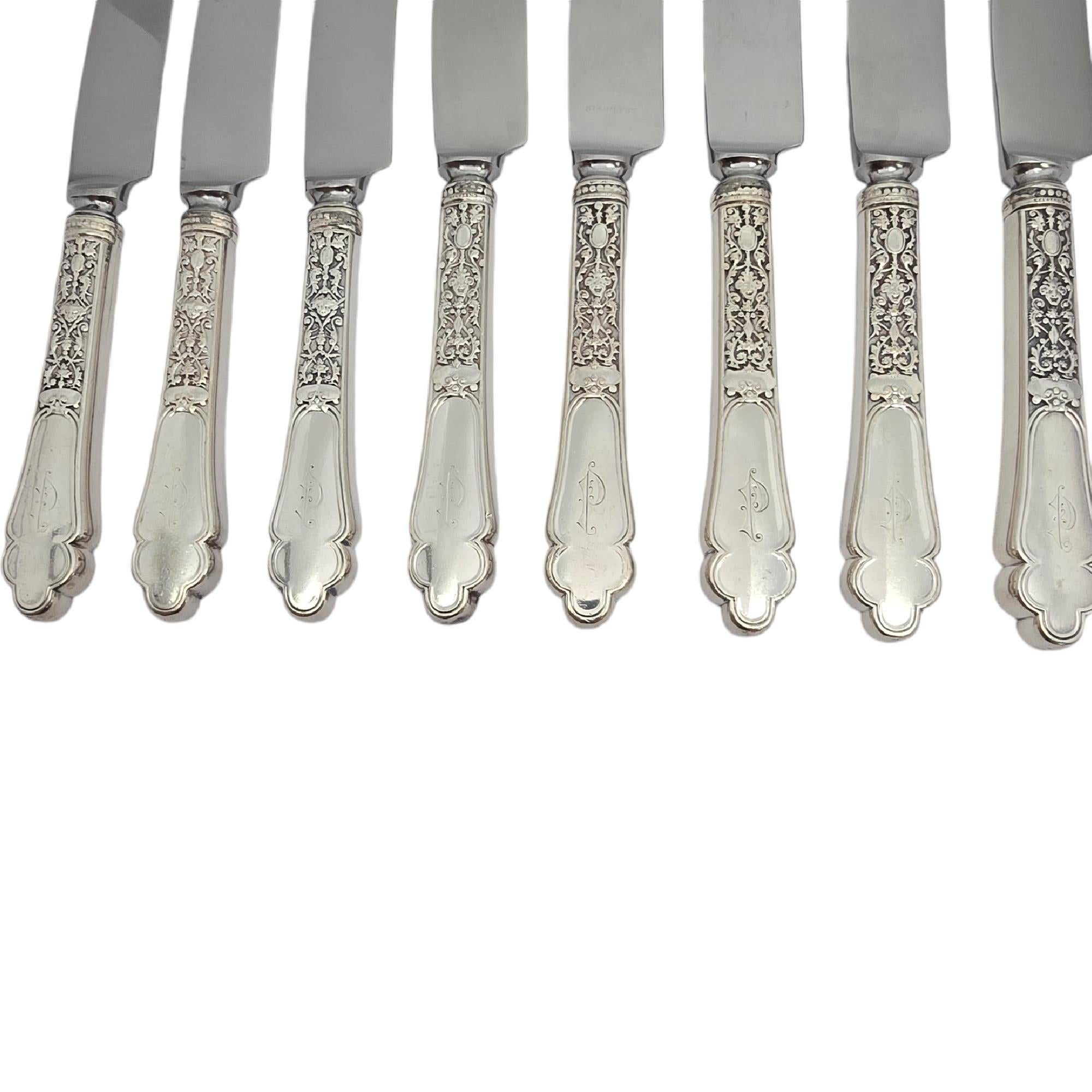 Set di 8 coltelli Gorham Medici con manico in argento massiccio w/Mono 8 5/8