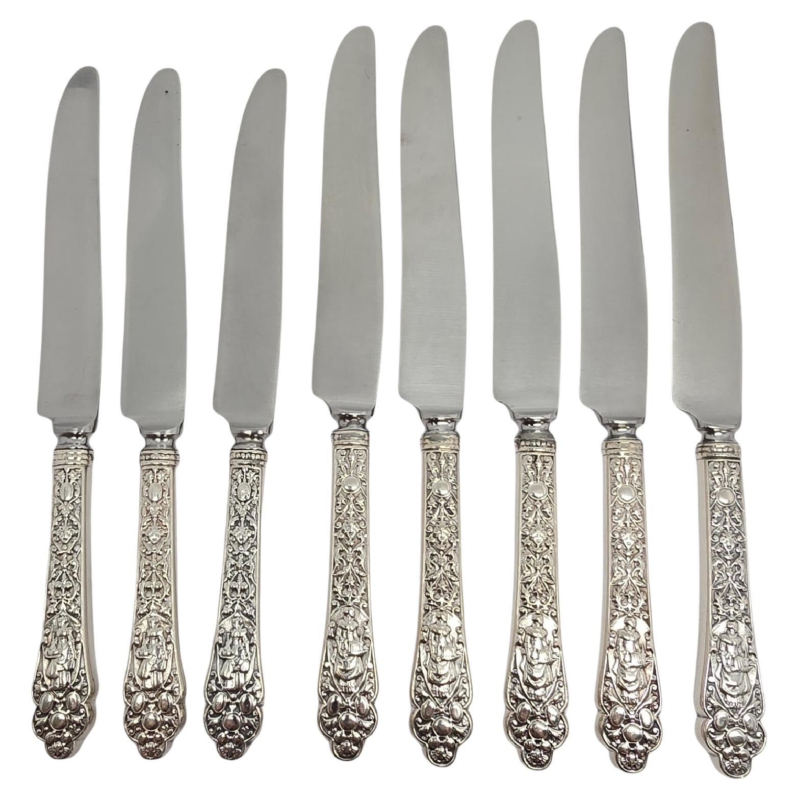 Set of 8 Gorham Medici Old Sterling Silver Handle Knives w/Mono 8 5/8" #18820