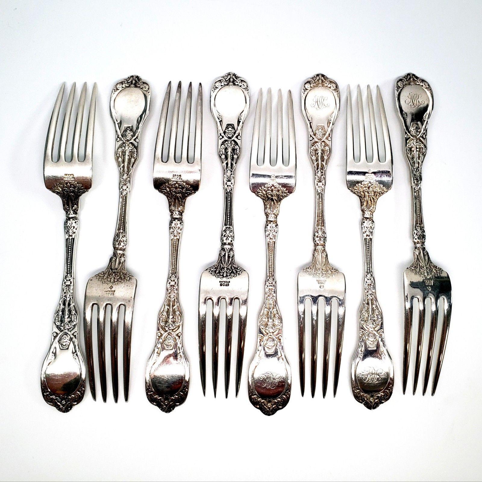 Set of 8 Gorham Mythologique sterling silver Forks. 
Mythologique is a multi motif pattern, this one is the old no bead border, no face bowl. 
Multiple monograms: 4 have no monogram, 4 appear to be ALK. 
Measures approximate 7 1/8