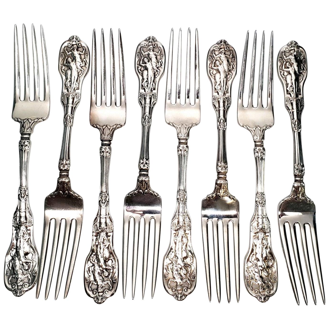 Set of 8 Gorham Mythologique Sterling Silver Forks, Multi Monograms