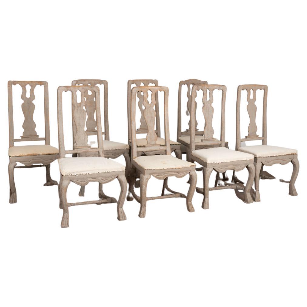 Set of 8 Gray Painted Baroque Side Dining Chairs, Sweden, circa 1800-1840