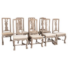 Antique Set of 8 Gray Painted Baroque Side Dining Chairs, Sweden, circa 1800-1840