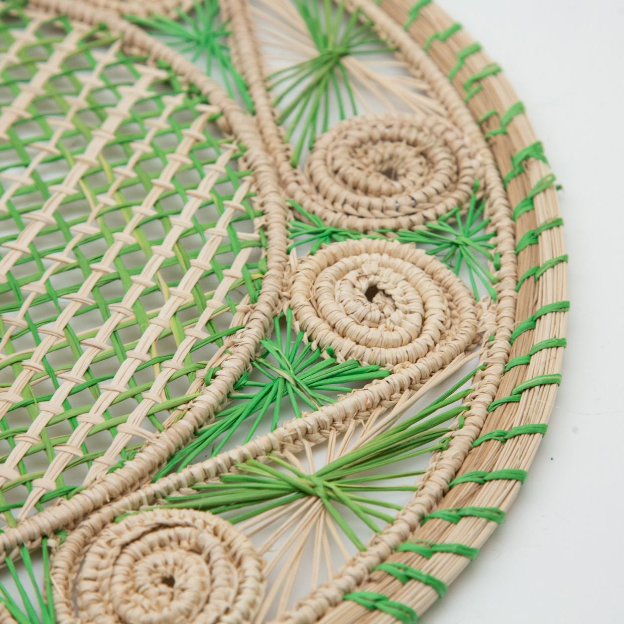 Hand-Woven Set of 8 Green and Cream Round Iraca Fibre Placemats