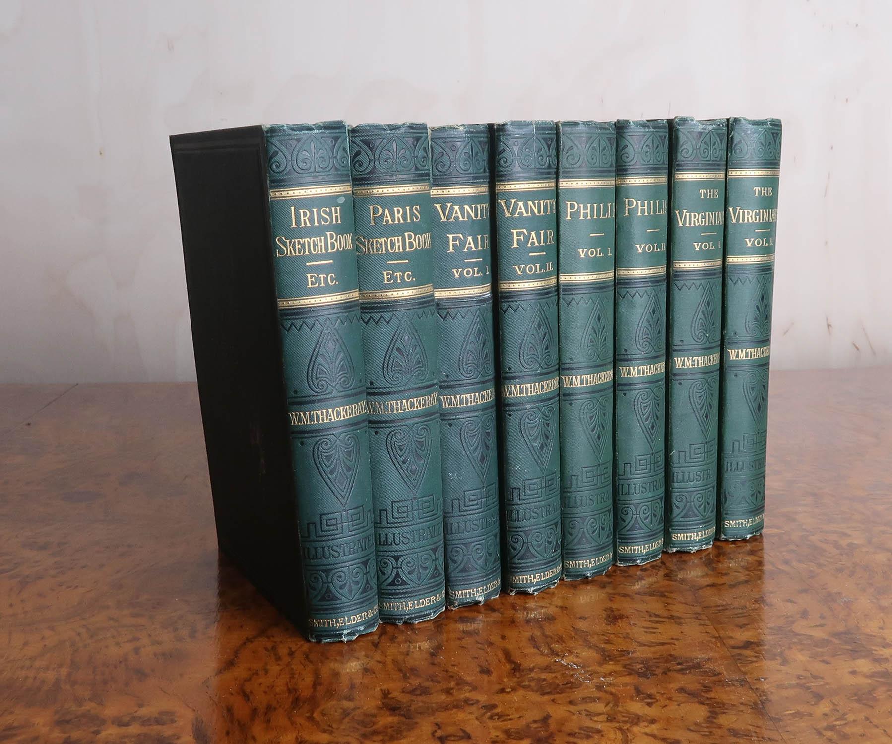 Conjunto de 8 volúmenes encuadernados en tela verde. Obras de William Thackeray. 1878 Victoriano