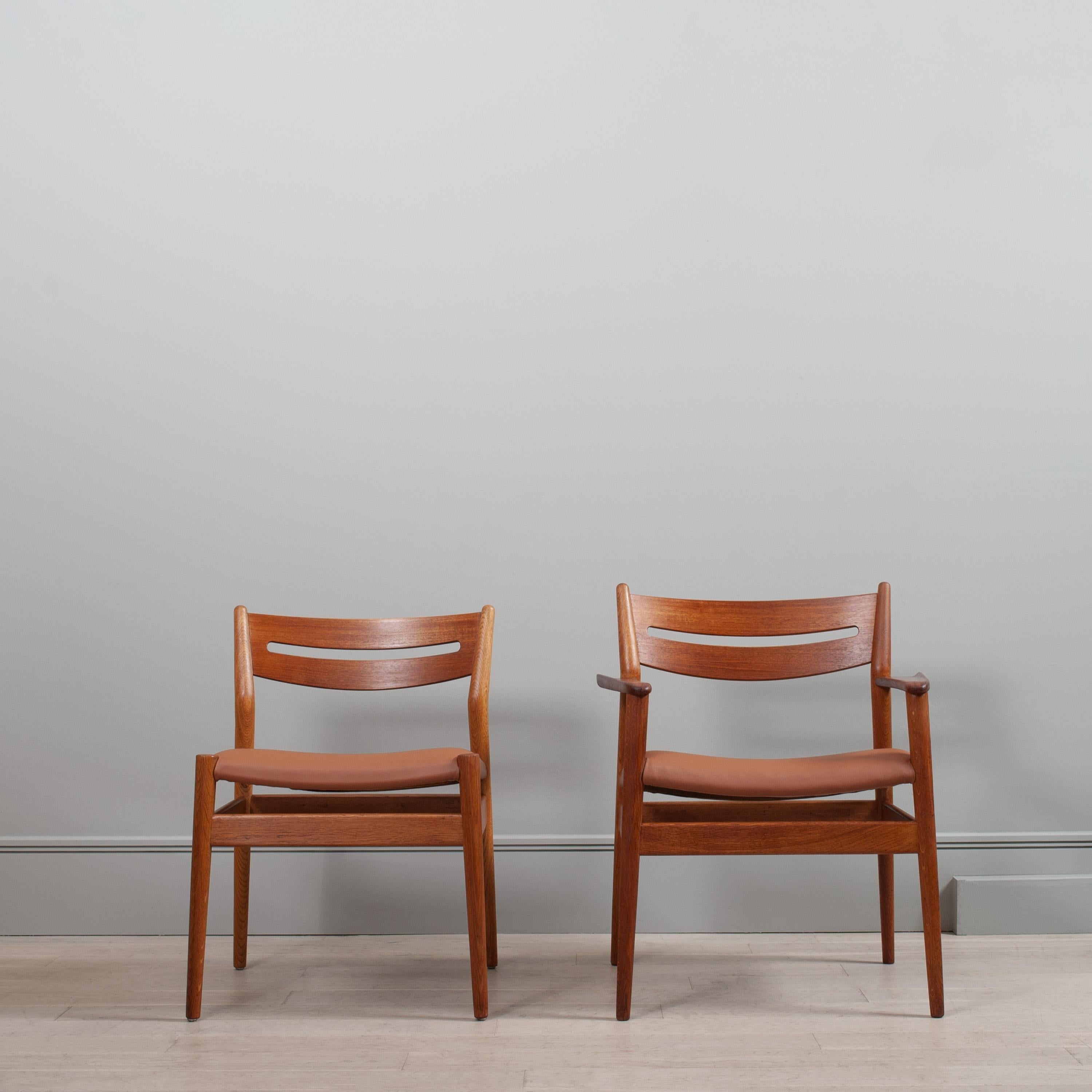 An incredibly rare set of 8 dining chairs by Grete Jalk. 
Model 32-42 designed by Grete Jalk in 1962 and produced by the fine furniture maker Sibast. This striking Scandinavian Modernist set of chairs comprises 6 side chairs and 2 carver end chairs.