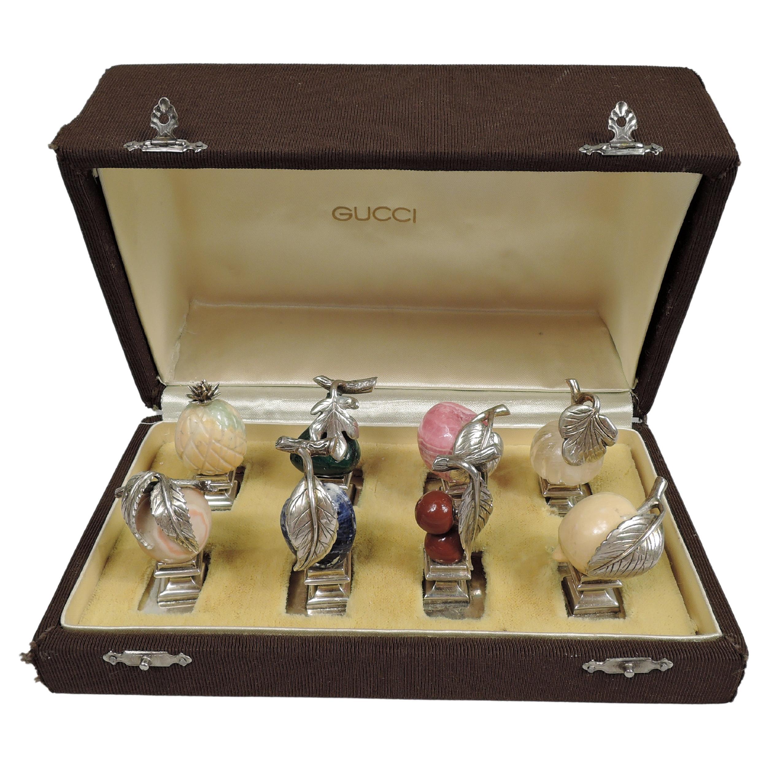 Set of 8 Gucci Silver Place Card Holders with Hardstone Fruits