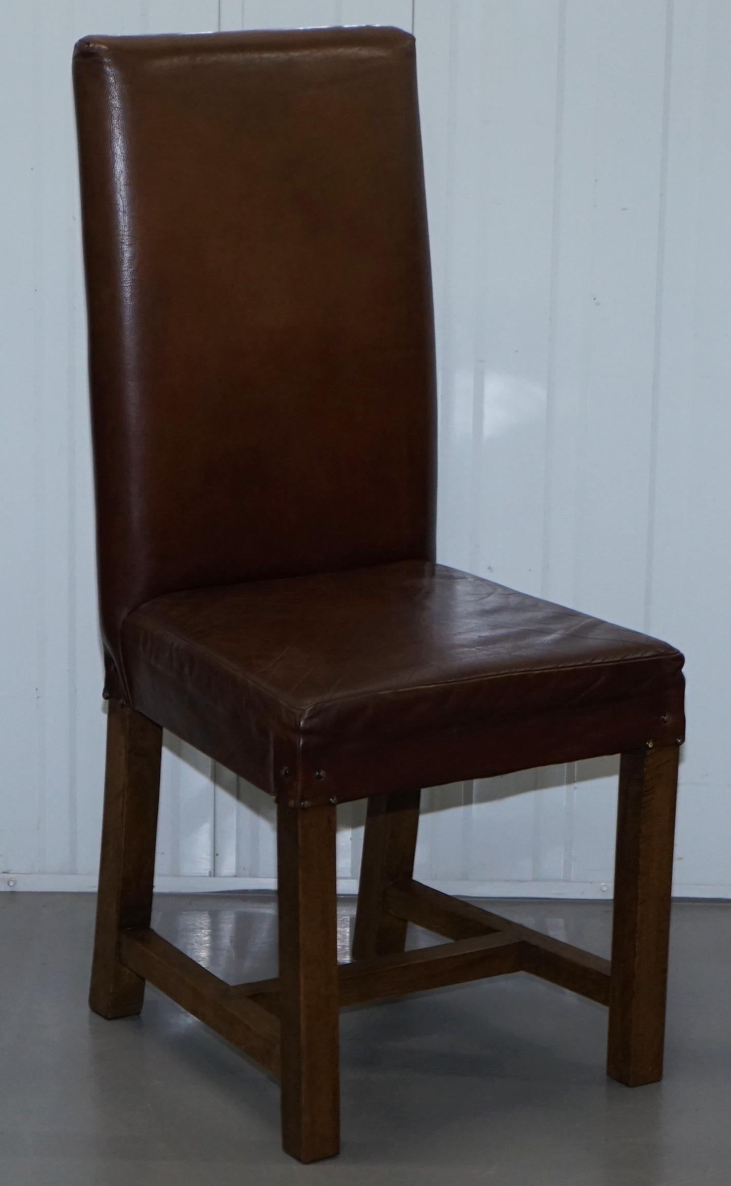 Set of 8 Halo Soho High Back Brown Leather Dining Chairs Oak Frames 6