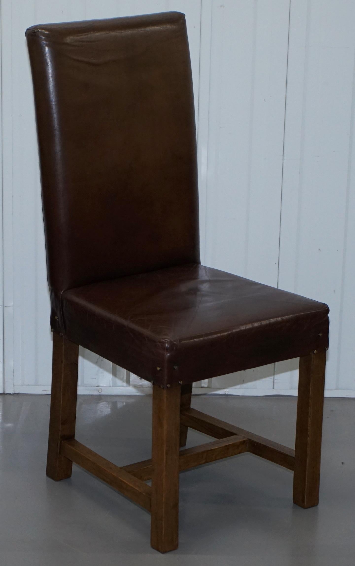 Set of 8 Halo Soho High Back Brown Leather Dining Chairs Oak Frames 7