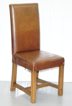 Set of 8 Halo Soho High Back Brown Leather Dining Chairs Oak Frames